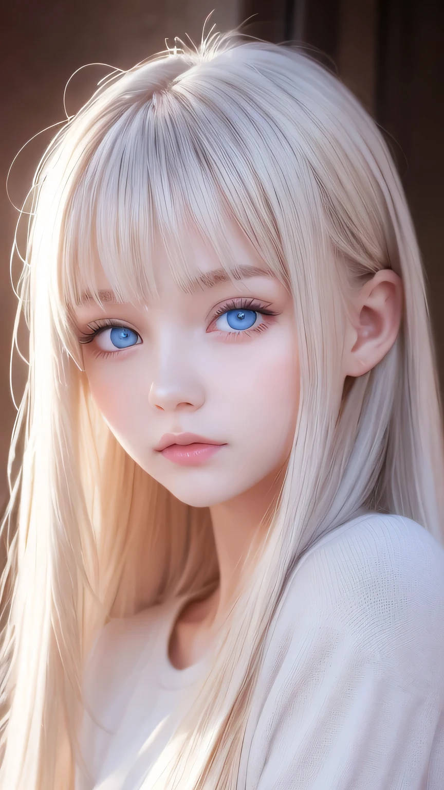 cute very beautiful first time with super long straight platinum blonde hair, the most beautiful in the world々 analog style portrait of a young woman with a pretty young face 、 The bangs between the eyes hang down to the tip of the nose 、Beautiful Extraordinary Beautiful Girl , Shining big, very bright and vivid light blue eyes 、Big Eyes、snow white skin、Glowing Skin、Small Face Beauty、round face、Bangs between the eyes、Bangs that fall on the face
