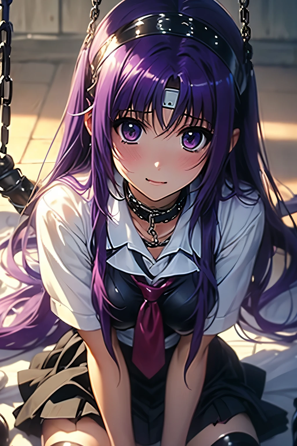 （（（ＳＦＷ、Precision、Highest quality、A first-class masterpiece、Normal body、8k、  detail face  、Ultra-precision、 Normal Hand、５refer to、Highest）））、Suzuka Tsukimura 、Suzuka 、" Puella Magical Girl Lyrical Nanoha"、Purple Hair、Long Hair、 headband、Big Breasts、 high school girl 、A uniform that shows through wet nipples、Skirt removed、Half naked、Almost naked、No underwear、 embarrassing、blush、Nipple erection、Chain Bondage、Collar、ChainBIND、A lot of chains、Restraint Room、Bondage Desire 、smplay、masochist、 smelly expression、Falling into Pleasure、I'm bowing down with pleasure and panting in agony 、 is on all fours、Pet、The Fall of Slaves、Enslavement