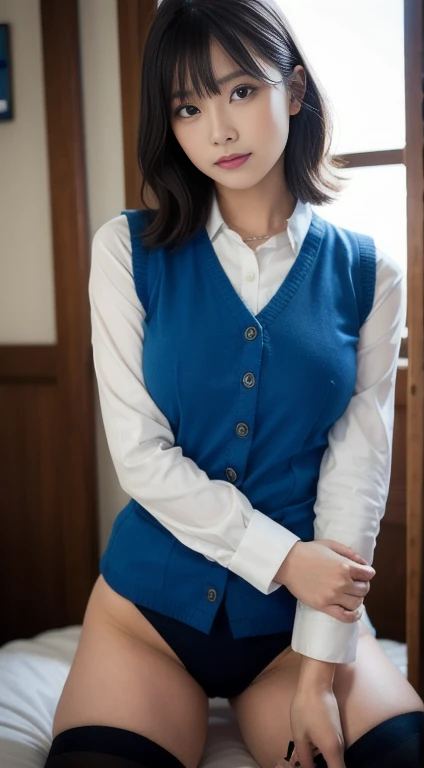 (8K, RAW Photos, Highest quality, masterpiece:1.2), Very detailed, Super Resolution, (Realistic, Realistic Photo:1.37), Portraiture, High-resolution RAW color photos, Professional photos, Very detailedで美新しい, Very detailed, 8K壁紙, Amazing details, Large file size, Official Art, highly detailed CG unity 8K壁紙, Very detailed美少女, Very detailed顔, Very detailed目, Very detailed肌, Very detailed指, Very detailed鼻, Very detailed詳細な口 , Perfect Anatomy, Very detailed背景, Very detailed衣服, 1 Girl,, 20th generation, Cute girl, Realistic body, small, Fair skin, Glowing Skin , Black Hair , Curly Hair、 smile,  Cute face, Realistic face, Delicate eyes, V Neck Knitted Dress, Looking at the audience, Cowboy Shot,  Dynamic Lighting, Large Breasts,