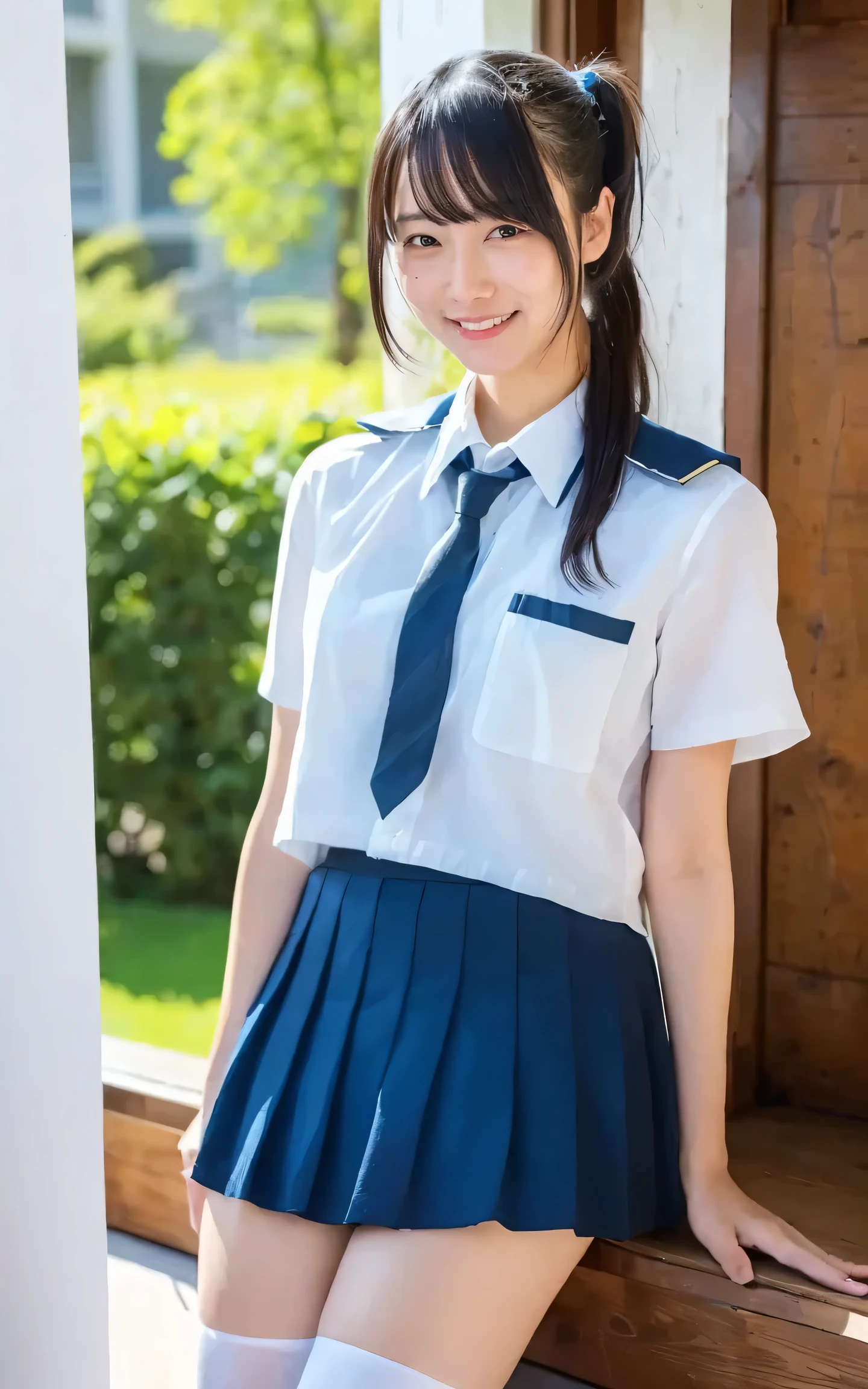 ((top quality, 8k, muste piece: 1.3)), beauty, one japanese girl, , whole body, perfect anatomy, outstanding light and shadow, Highly detailed living room,clear and bright sunlight,1 girl,lightly dressed、gaze looking beyond,black side,strong sunlight,delicate and messy hair,realistic skin texture, Are standing, black hair, Blunt Bangs, Lower ponytail, 20 years old, face focus, detailed face, highly detailed lips, fine eyes, sweaty skin: 1.2, school uniform, skirt,smile