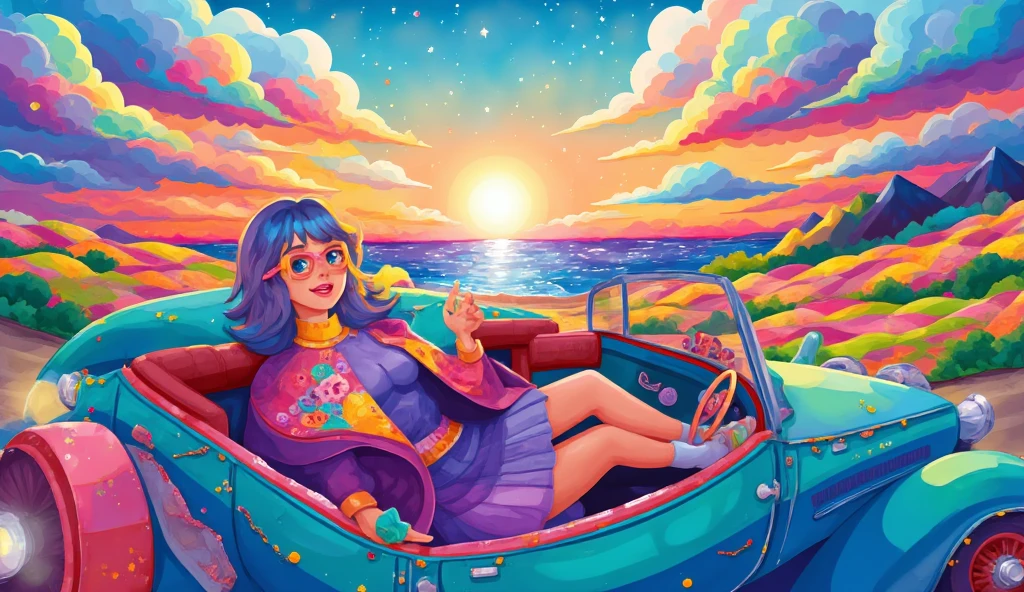  high-definition, full-body anime retro style image of a young woman with medium-length pastel lavender hair styled in loose waves, sitting in the passenger seat of a vintage pastel blue convertible. She has soft bangs framing her face and wears oversized, colorful sunglasses with bright pink and yellow frames. Her outfit features an oversized pastel pink bomber jacket with floral embroidery on the sleeves, a fitted lavender turtleneck, and a high-waisted pleated pastel blue skirt. Her knee-high white socks and pastel platform sneakers enhance her playful, retro vibe.

With a big, joyful smile on her face, she tilts her head back slightly, relishing the exhilarating rush of the wind blowing against her cheeks. In one hand, she holds a brightly colored diskman in pastel yellow, blue, and pink, decorated with retro stickers, while her other hand is playfully gesturing in the air, embodying the carefree spirit of the moment.

The convertible speeds along a scenic coastal road at sunset, where the sky is ablaze with warm pastel hues of orange, pink, and purple. The ocean glimmers in the distance, reflecting the colors of the sky. The scene is filled with energy, capturing the thrill of the ride, and features light grainy textures that enhance the nostalgic, dreamlike quality. The soft pastel tones and smooth anime-style lines come together to create a lively and joyful atmosphere, making it a perfect depiction of a carefree road trip at dusk