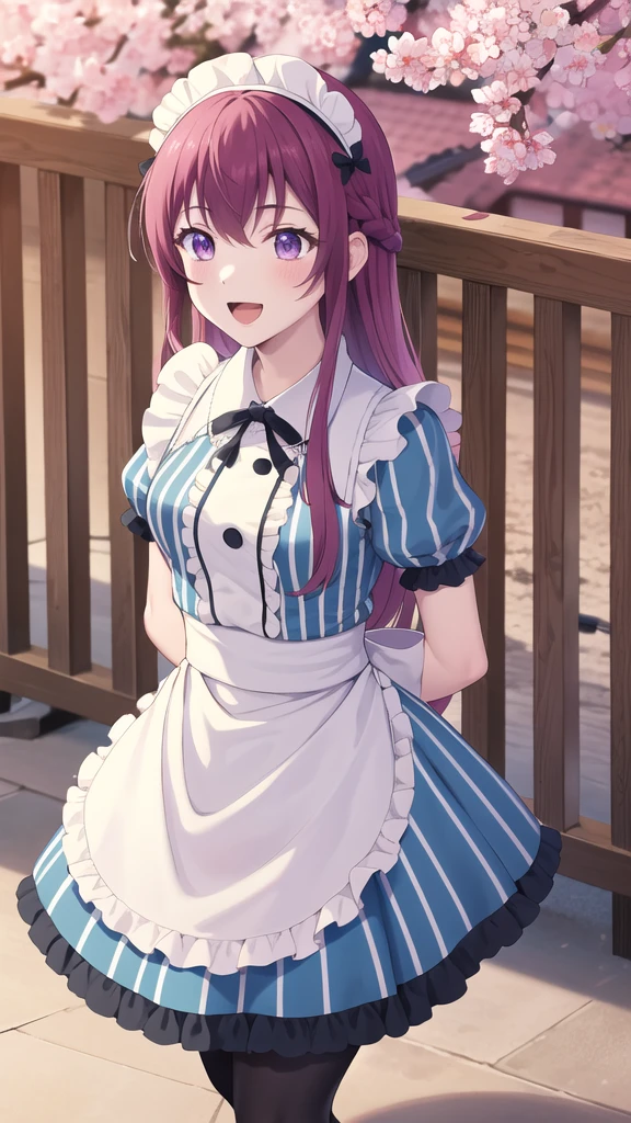 masterpiece, best quality, highres, 1girl, solo, long hair, purple hair, braid, maid headdress, purple eyes, neck ribbon, frills, vertical stripes, blue dress, short sleeves, apron, black pantyhose, arms behind back, smile, open mouth, standing, cowboy shot, leaning forward, outdoors, cherry blossoms,