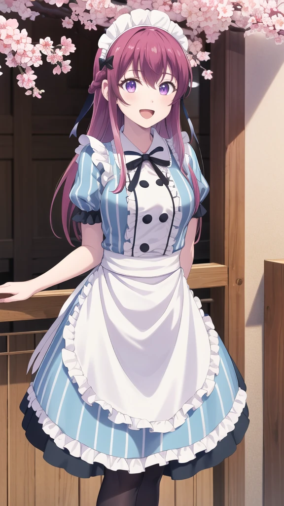 masterpiece, best quality, highres, 1girl, solo, long hair, purple hair, braid, maid headdress, purple eyes, neck ribbon, frills, vertical stripes, blue dress, short sleeves, apron, black pantyhose, arms behind back, smile, open mouth, standing, cowboy shot, leaning forward, outdoors, cherry blossoms,