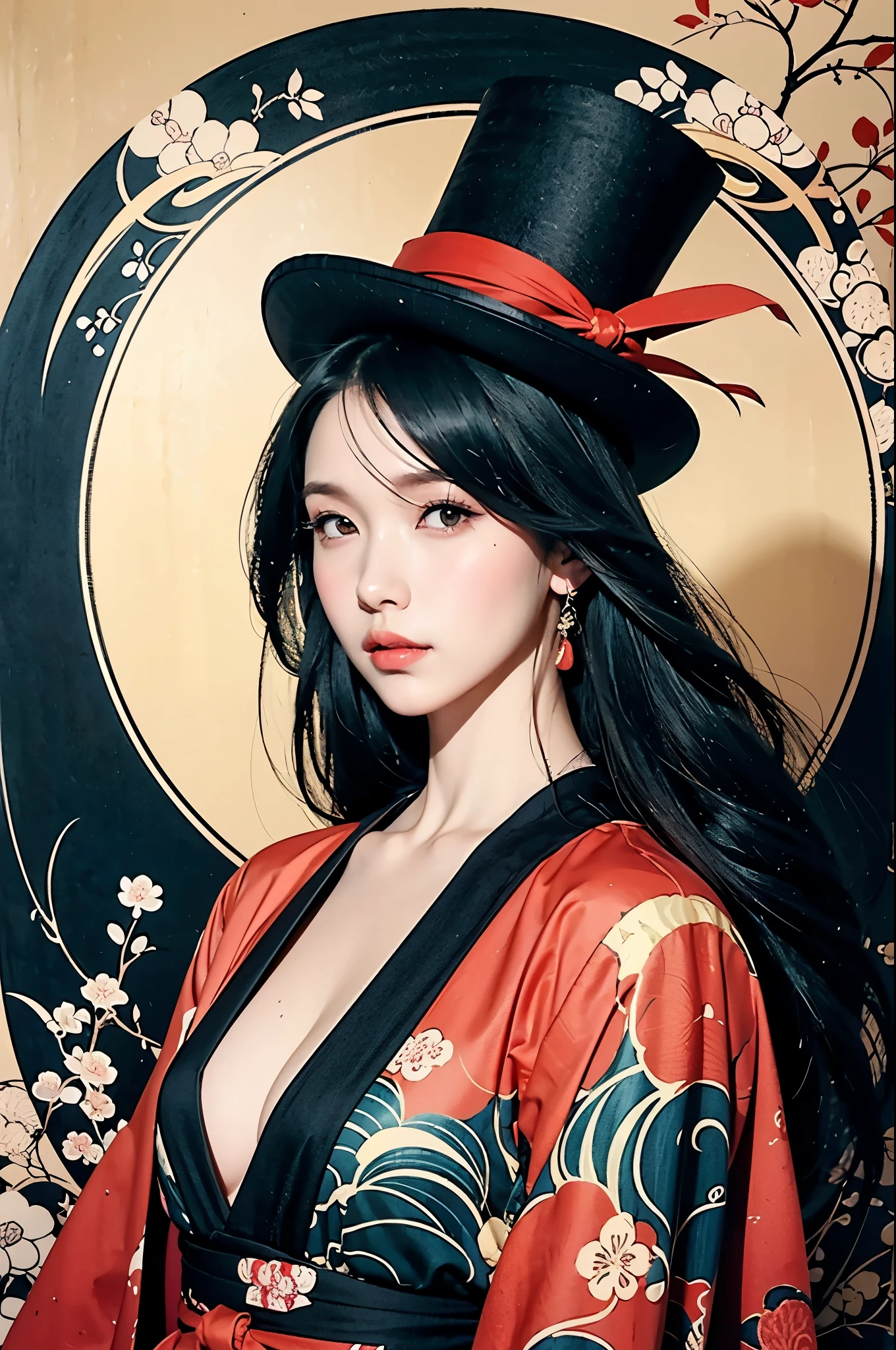 there is a painting of a woman with a hat and a top hat, an anime drawing inspired by Tsukioka Yoshitoshi, pixiv, ukiyo-e, shigenori soejima illustration, in the art style of ukiyo - e, onmyoji portrait, anime art nouveau, korean art nouveau anime, sengoku - era art style