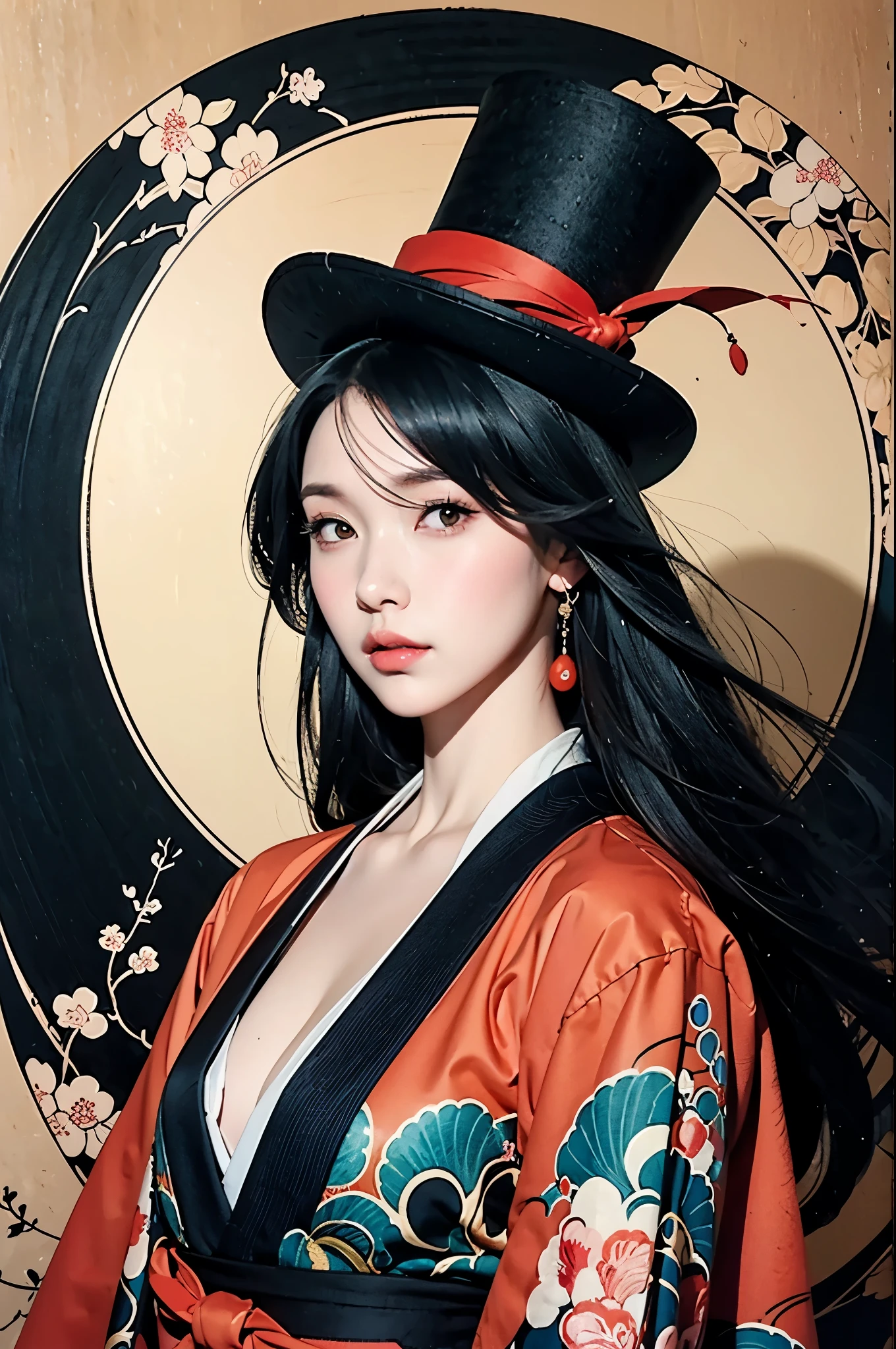 there is a painting of a woman with a hat and a top hat, an anime drawing inspired by Tsukioka Yoshitoshi, pixiv, ukiyo-e, shigenori soejima illustration, in the art style of ukiyo - e, onmyoji portrait, anime art nouveau, korean art nouveau anime, sengoku - era art style