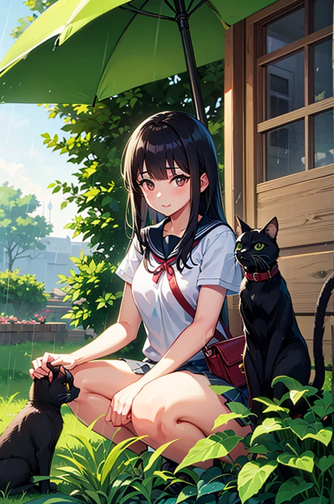 agachada, garden, plants,  holding a black cat, It's raining with sunshine , girl, School clothes, umbrella,  looking at the camera , bag, shoulder length hair,  black hair ,  brown eyes