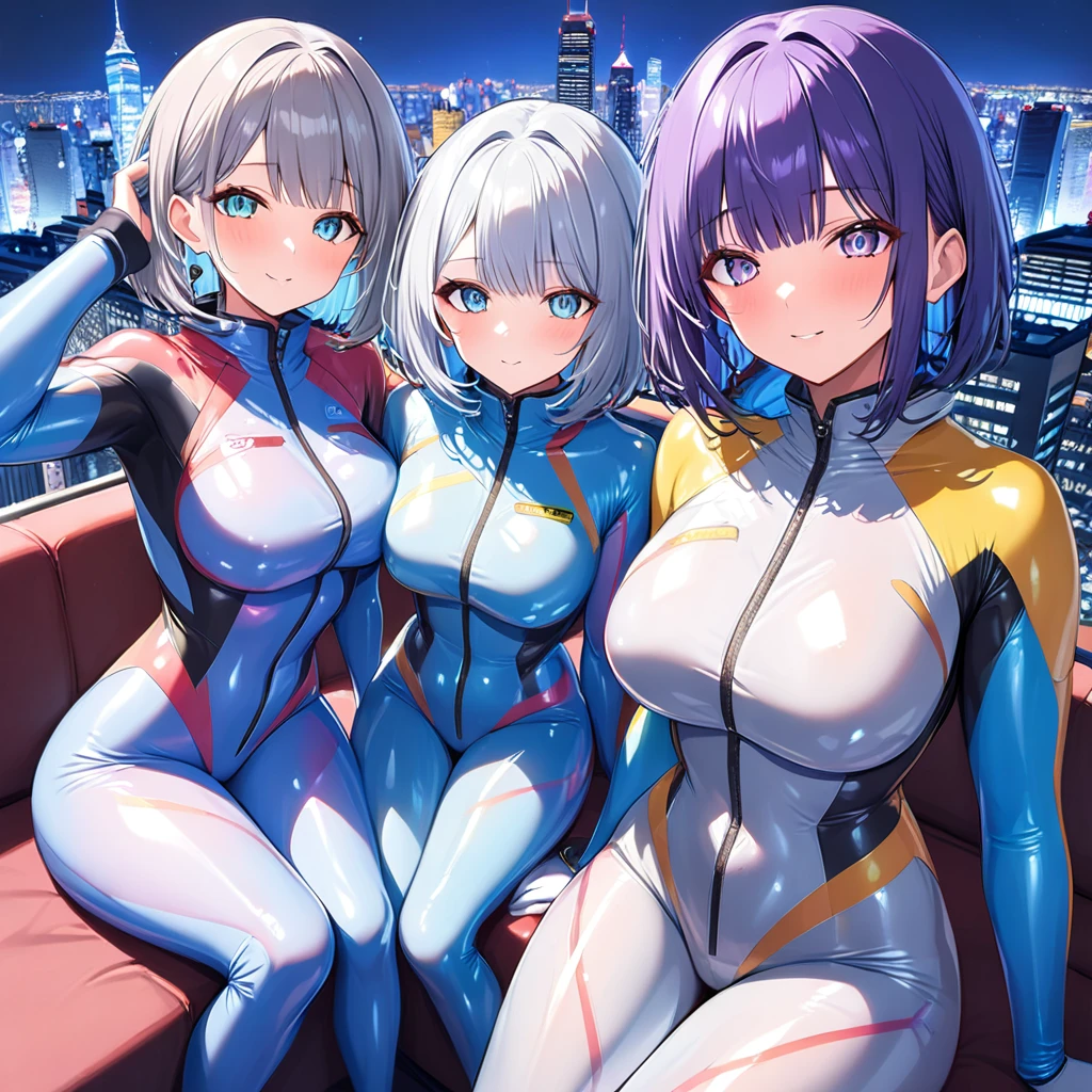 (Multiple girls),(最High image quality, 8k, masterpiece:1.3), (24 years old:1.5), (Grey Hair), ( bob cut ), (Oblique sky blue eyes), (( full body rubber suit 、blue、yellow line、colorful、no zipper 、rubber suit glossy 、Perfect fit、Full body shot、 look at this while sitting、City、Night view)), ([Ultra Clear:1.5), ( Shiny Skin:1.1),(Pale skin:1.1),High image quality、Clear contours