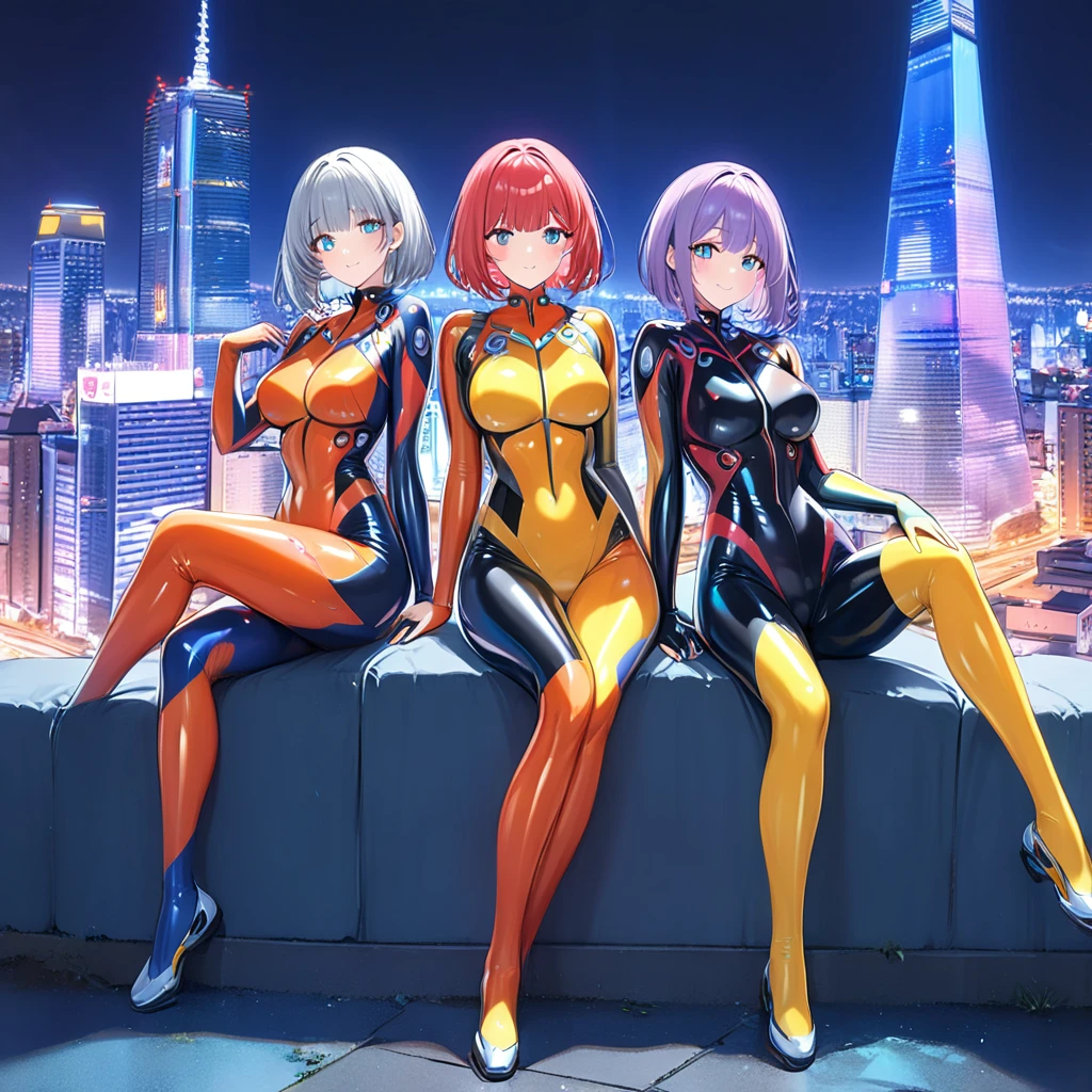 (Multiple girls),(最High image quality, 8k, masterpiece:1.3), (24 years old:1.5), (Grey Hair), ( bob cut ), (Oblique sky blue eyes), (( full body rubber suit 、blue、yellow line、colorful、no zipper 、rubber suit glossy 、Perfect fit、Full body shot、 look at this while sitting、City、Night view)), ([Ultra Clear:1.5), ( Shiny Skin:1.1),(Pale skin:1.1),High image quality、Clear contours