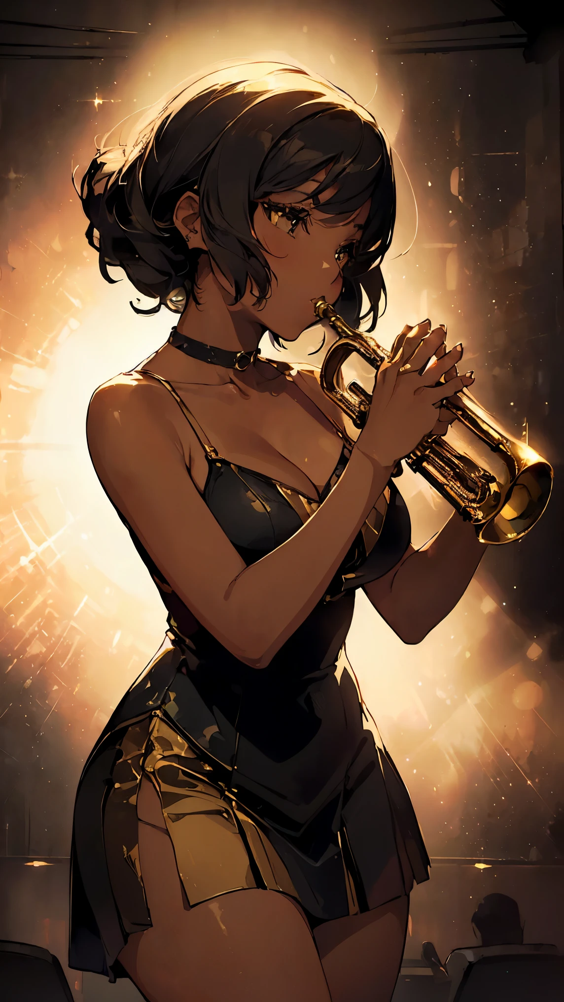 (((Best quality, 8k, Masterpiece: 1.3)), ((best quality)), ((masterpiece)), (detailed), perfect face, A powerful image of a Black female jazz trumpeter playing her trumpet passionately on stage. She has a confident, soulful expression, and she wears a stylish outfit with vibrant colors that evoke a jazz club atmosphere. The background is dimly lit, with warm, moody lighting, and hints of musical instruments and vintage jazz club decor. Her stance and posture show energy and charisma as she performs, with her trumpet reflecting the stage lights. The overall ambiance captures the soulful and expressive vibe of jazz music.