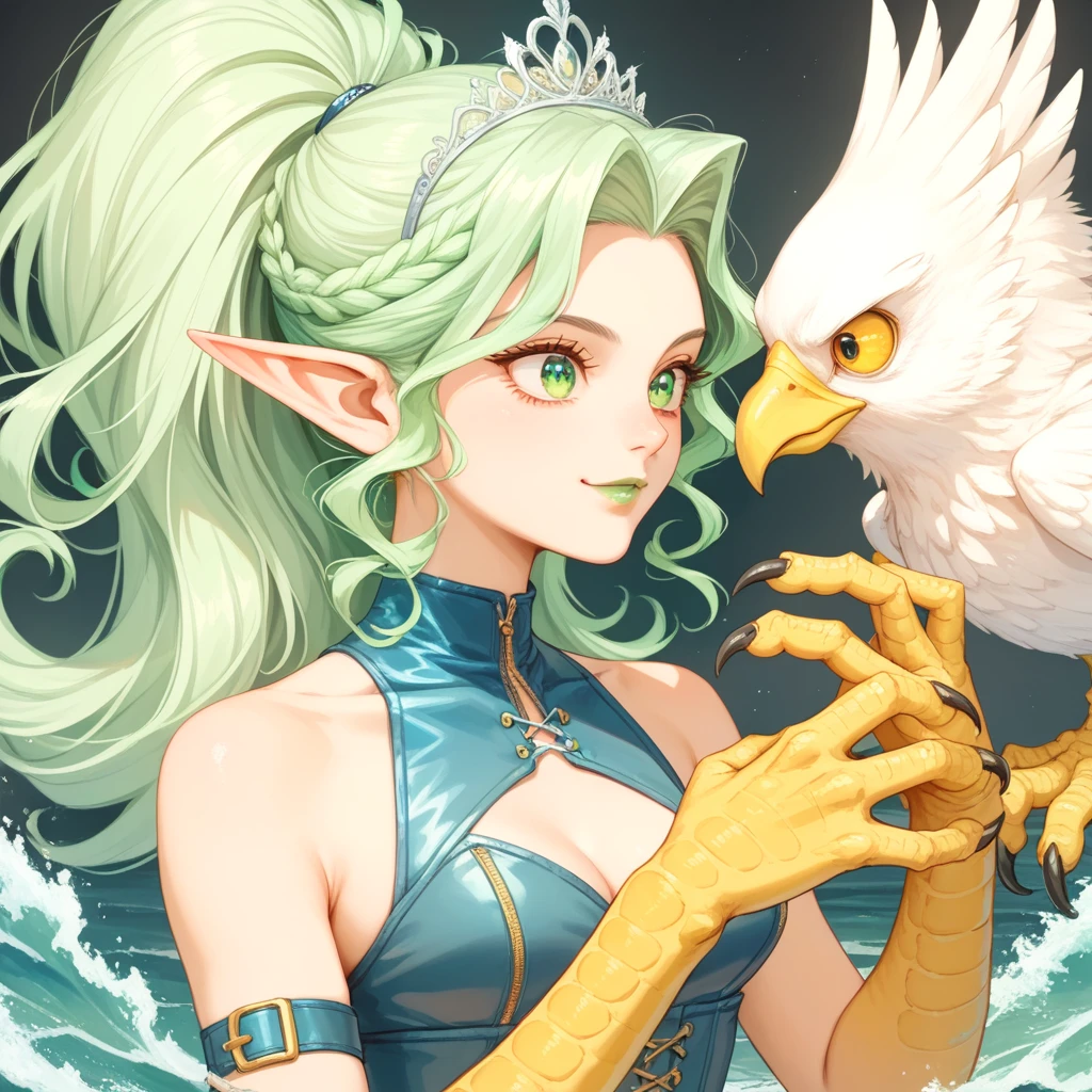 1 harpy girl, femme fatale, flirtatious look, flirtatious smile, profile face, very pointed nose, very detailed eyes, anime eyes, green eyes, black eyelashes, green lips, blue-green hair, ponytail hair, silver tiara, elf ears, claw-like hands, yellow eagle claws, white feathers, navy blue leather leotard, navy blue leather stockings, garters, very sloping hips, left claw flutters, leotard cleavage, golden ornaments, emerging from the waves of the sea, very black nails.