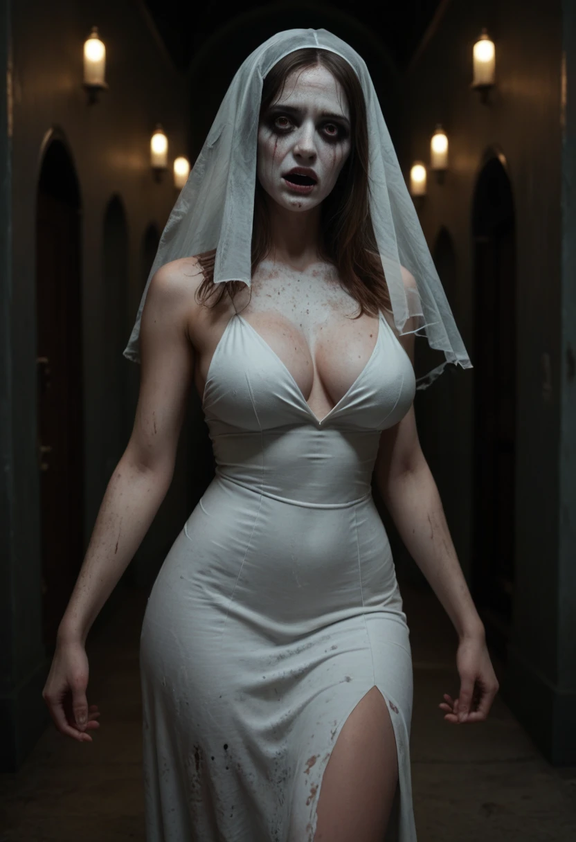  Subtly censor  ,  image suitable for the public . Ambiente macabro, horror scene.  Supersexy woman wearing a ghost costume  .  A woman's face completely covered For a White Veil  ,  body of a super sexy woman  ,  big breasts  ,  BIG T highlighted by the white dress  ,  small waist , sexy waist,  large hips, sexy hips, sexy ass, attractive butt, beautiful thighs,  striking thighs  , muslos grandes,  semitransparent white dress that highlights her beautiful curved scenery  ,  white dress fitted to her body  ,  beautiful simple white dress  ,  dress that is part of a ghost costume  ,  with excess fabric on the arms that allude to the shape of ghosts  ,  ghost pose scaring others  ,  parts of the costume become transparent with light  , scary scenario , scenario recreated in a dark quiet of a scary abandoned hotel , moist walls  , dimly lit hallway, ,  the burly ghost woman is perfectly illuminated by the ambient lights that reveal her beautiful figure.  Hyperrealistic composition style with semi-realistic details  ,  perfect composition  ,  A masterpiece of the highest quality, 16k quality,  high contrast,  Focus on the details , scary semi-dark environment ,  The scene and the macabre environment predominate , scary.