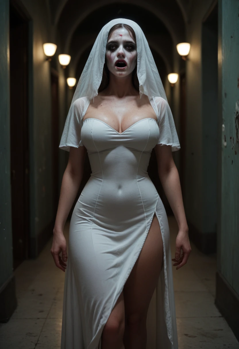  Subtly censor  ,  image suitable for the public . Ambiente macabro, horror scene.  Supersexy woman wearing a ghost costume  .  A woman's face completely covered For a White Veil  ,  body of a super sexy woman  ,  big breasts  ,  BIG T highlighted by the white dress  ,  small waist , sexy waist,  large hips, sexy hips, sexy ass, attractive butt, beautiful thighs,  striking thighs  , muslos grandes,  semitransparent white dress that highlights her beautiful curved scenery  ,  white dress fitted to her body  ,  beautiful simple white dress  ,  dress that is part of a ghost costume  ,  with excess fabric on the arms that allude to the shape of ghosts  ,  ghost pose scaring others  ,  parts of the costume become transparent with light  , scary scenario , scenario recreated in a dark quiet of a scary abandoned hotel , moist walls  , dimly lit hallway, ,  the burly ghost woman is perfectly illuminated by the ambient lights that reveal her beautiful figure.  Hyperrealistic composition style with semi-realistic details  ,  perfect composition  ,  A masterpiece of the highest quality, 16k quality,  high contrast,  Focus on the details , scary semi-dark environment ,  The scene and the macabre environment predominate , scary.