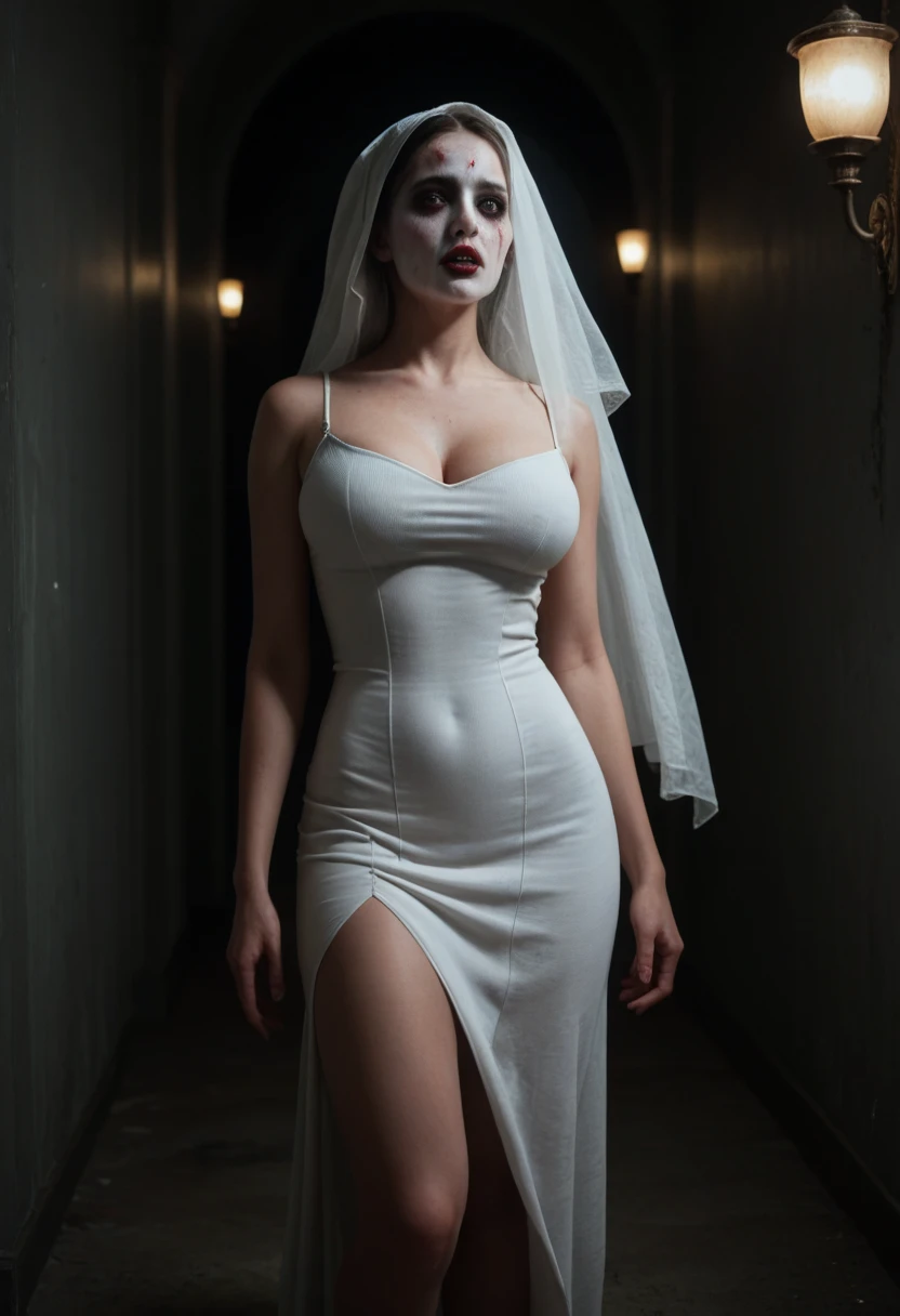  Subtly censor  ,  image suitable for the public . Ambiente macabro, horror scene.  Supersexy woman wearing a ghost costume  .  A woman's face completely covered For a White Veil  ,  body of a super sexy woman  ,  big breasts  ,  BIG T highlighted by the white dress  ,  small waist , sexy waist,  large hips, sexy hips, sexy ass, attractive butt, beautiful thighs,  striking thighs  , muslos grandes,  semitransparent white dress that highlights her beautiful curved scenery  ,  white dress fitted to her body  ,  beautiful simple white dress  ,  dress that is part of a ghost costume  ,  with excess fabric on the arms that allude to the shape of ghosts  ,  ghost pose scaring others  ,  parts of the costume become transparent with light  , scary scenario , scenario recreated in a dark quiet of a scary abandoned hotel , moist walls  , dimly lit hallway, ,  the burly ghost woman is perfectly illuminated by the ambient lights that reveal her beautiful figure.  Hyperrealistic composition style with semi-realistic details  ,  perfect composition  ,  A masterpiece of the highest quality, 16k quality,  high contrast,  Focus on the details , scary semi-dark environment ,  The scene and the macabre environment predominate , scary.