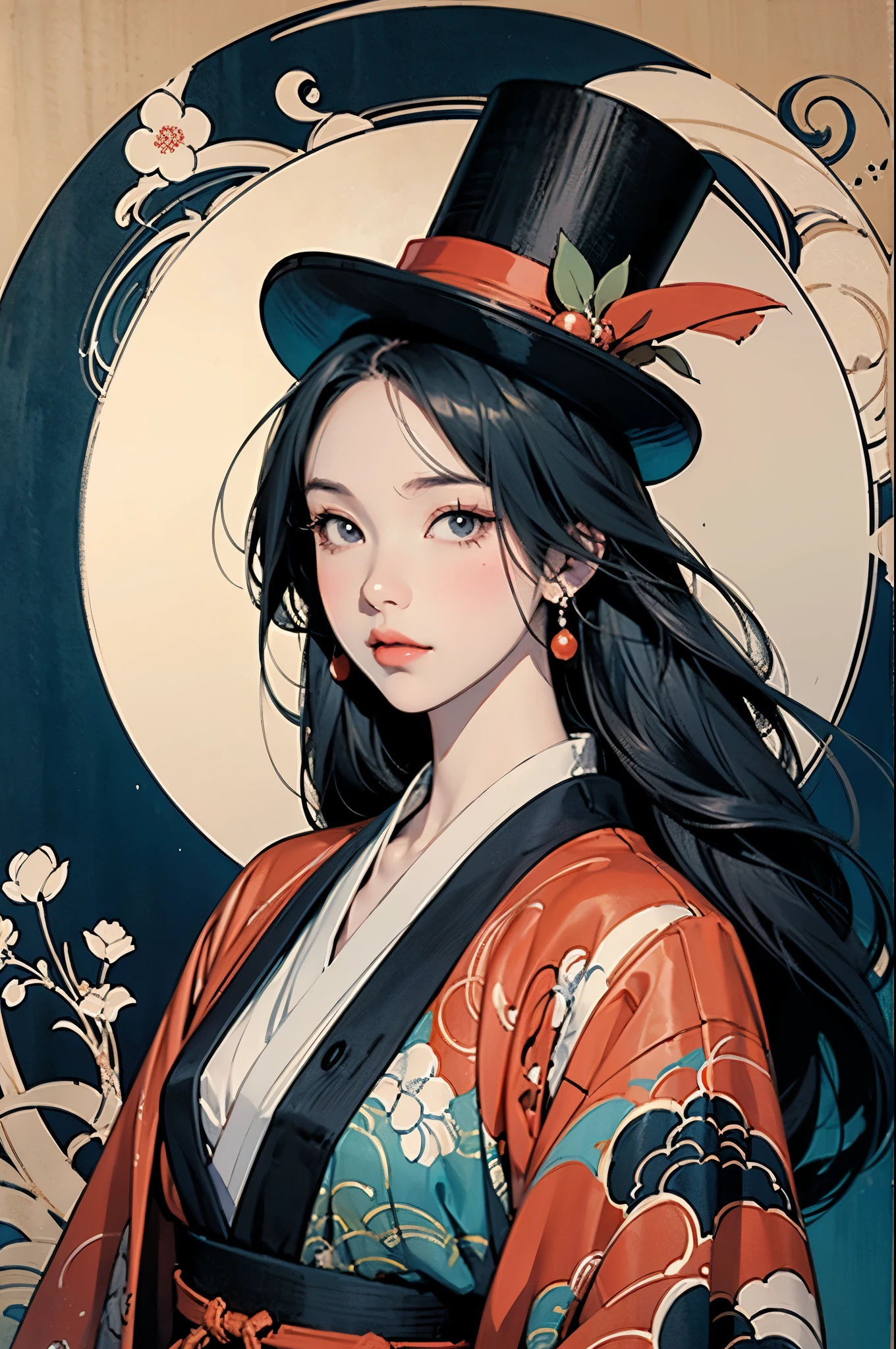 there is a painting of a woman with a hat and a top hat, an anime drawing inspired by Tsukioka Yoshitoshi, pixiv, ukiyo-e, shigenori soejima illustration, in the art style of ukiyo - e, onmyoji portrait, anime art nouveau, korean art nouveau anime, sengoku - era art style