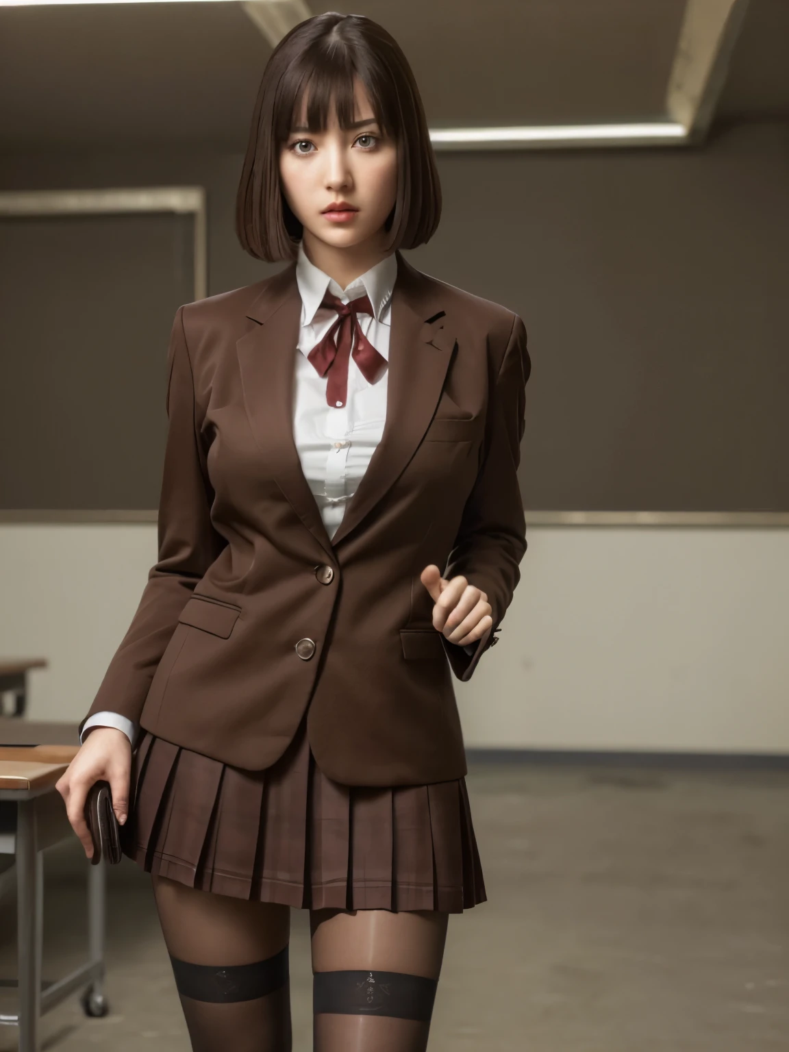 (highest quality:1.2, masterpiece:1.2), 8K, Professional Lighting, Cinematic Lighting, ultra realistic & detailed portrait of Kurihara Chiyo (Prison School), (dark brown hair, bangs, bob short), ((ribbon on neck, collar formal shirt, brown jacket, brown blazer, check skirt, stockings under skirt, pantyhose under skirt, thighighs under skirt)), (detailed eyes, perfect eyes, fine eyes, clear eyes), ((ultra realistic interior of narrow & abandoned school, ultra detailed interior of school, dark atmosphere)), (ultra huge breasts, ultra huge cleavages, ultra huge tits, ultra huge boob), standing, (looking at viewer), cowboy shot, zoom out, 