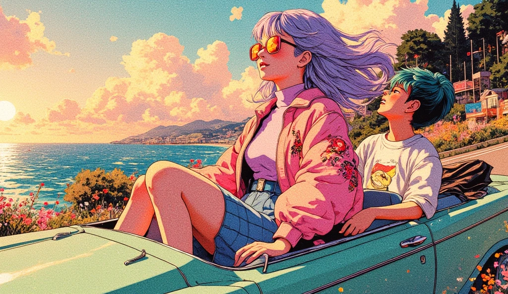  high-definition, full-body anime retro style image of a young woman with medium-length pastel lavender hair styled in loose waves, sitting in the passenger seat of a vintage mint green convertible. She wears oversized, colorful sunglasses with bright pink and yellow frames that catch the light. Her outfit consists of an oversized pastel pink bomber jacket with intricate floral embroidery on the sleeves, layered over a fitted lavender turtleneck and a high-waisted pleated skirt in soft pastel blue. Her knee-high white socks and pastel platform sneakers complete her playful retro look.

Beside her in the back seat is a cheerful friend with bright orange hair styled in a short bob, wearing a vivid blue tank top and denim shorts. They have a carefree expression as they lean forward, their hair blowing in the wind, while waving their arms joyfully in the air.

In the driver's seat is another friend with short, spiky teal hair, wearing a white graphic tee and black sunglasses. They are laughing and glancing back at the girls with a big grin, fully enjoying the ride.

The convertible speeds along a scenic coastal road at sunset, bordered by lush greenery and vibrant wildflowers swaying in the breeze. The sky is ablaze with warm pastel hues of orange, pink, and purple, casting a beautiful glow over the scene. The ocean sparkles in the distance, reflecting the soft colors of the sunset. The road winds gracefully along the coastline, with the sound of waves crashing against the rocks in the background.

The scene is alive with energy and camaraderie, enhanced by light grainy textures that add a nostalgic, dreamlike quality. The soft pastel tones and smooth anime-style lines capture the joyful essence of the ride, creating a perfect depiction of a carefree road trip at dusk, filled with laughter, adventure, and the beauty of nature.