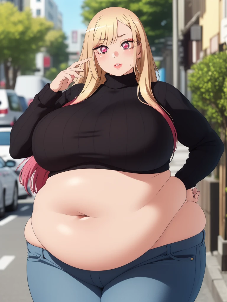 1 girl, (((bimbo))), perfect face, perfect eyes, looking at viewer, blonde hair, puffy lips, thick lips, wide hips, thick thighs, craving lust face, huge natural breasts, cleavage, mature mom, perfect face, perfect eyes, pink eyes, outdoors, city street, tokyo, turtleneck sweater, ribbed sweater, jeans, blond hair, long hair, black neck choker, kitagawa marin, cowboy shot, sexy pose, vivid colors, chubby, chubby girl, curvy, large breasts, lips, plump, thick thighs, thighs, (((oversized gigantic stomach)), curvy, large breasts, lips, plump, thick thighs, thighs, (((oversized gigantic stomach)), curvy, large breasts, lips, plump, thick thighs, thighs, (((oversized gigantic stomach)) huge breasts, huge belly, bloated belly, stuffed belly, plump, chubby, curvy, chubby girl, belly, big belly, fat belly, soft shading, detailed, semi-realistic, waltzpurgis
