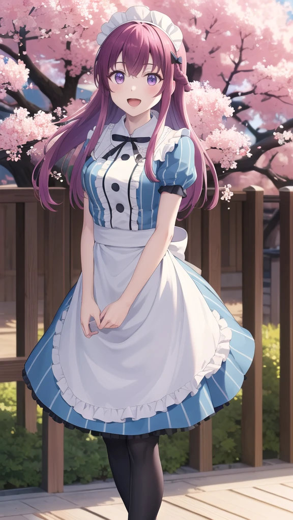 masterpiece, best quality, highres, 1girl, solo, long hair, purple hair, braid, maid headdress, purple eyes, neck ribbon, frills, vertical stripes, blue dress, short sleeves, apron, black pantyhose, arms behind back, smile, open mouth, standing, cowboy shot, leaning forward, outdoors, cherry blossoms,