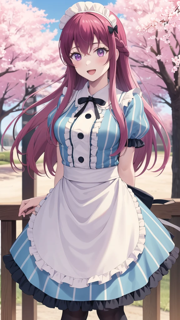 masterpiece, best quality, highres, 1girl, solo, long hair, purple hair, braid, maid headdress, purple eyes, neck ribbon, frills, vertical stripes, blue dress, short sleeves, apron, black pantyhose, arms behind back, smile, open mouth, standing, cowboy shot, leaning forward, outdoors, cherry blossoms,