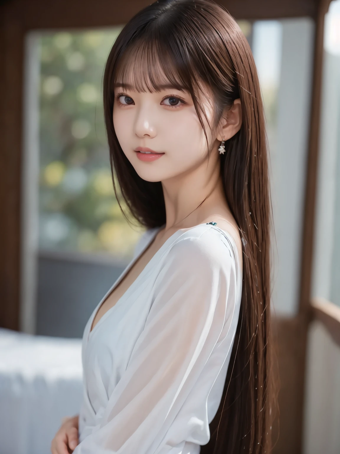  white shirt 、Complex and beautiful eyes、woman、 womanらしい黒髪、(Delicate and realistic hair、１Realistic hair)、bangs、 naturally colored lips、smile、((White indoor))、indoor、((18歳woman:1.2))、 young and adorable Japanese face, Official Art，High-definition CG Unity 8k Wallpaper，（masterpiece:1.0),(Best Quality:1.0), 超 high definition,4K, very detailed, photo shoot, 8k, nffsw,  high definition,  Kodak portrait 400 ,  film grain ,  lens flare glow ,高いest quality,8k,nffsw:1.2),  Portrait Shot ,8k、 viewer, (((Front View))), (((Front View))), ((facing))、 body facing forward、Bold cleavage、 tight chest、 small face, ((Bare legs))、Best Quality、 Super beautiful images、 upper body、stand up