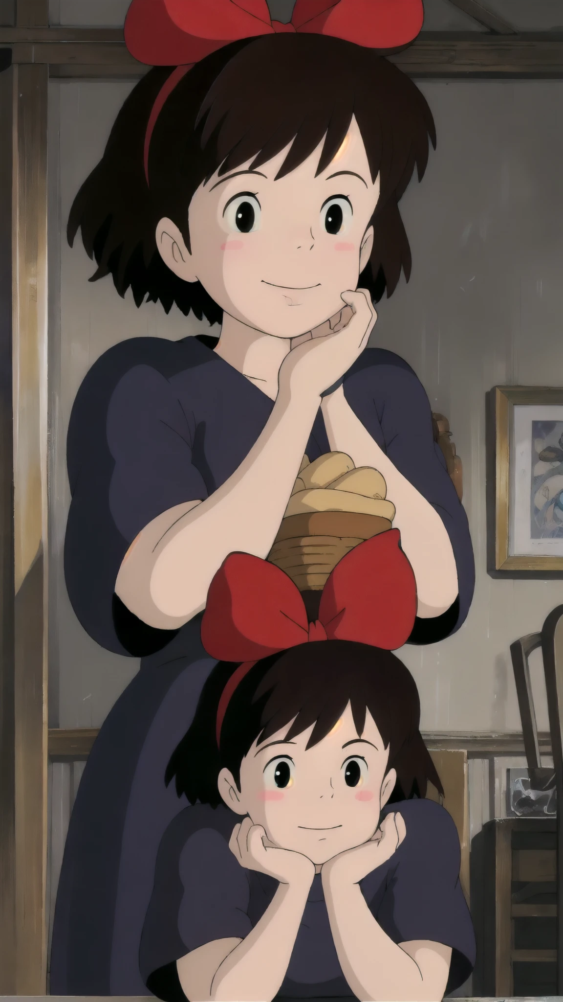 kiki,(((1 girl 1.9))),Alone, short hair,Brown Hair, black eyes, hair bow, very big breasts,I'm staring straight at you with cheek canes with both hands, black dress, upper body,((( I have my mouth wide open))),Cute smile,Headrest,indoor,A picture of Tororo is displayed on the wall at the top ,Bakery, Counter Table ,motion blur, masterpiece,Best Quality,Highest quality,8k,