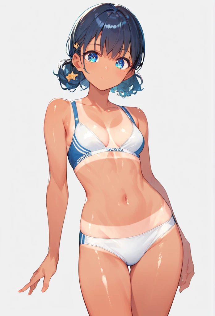 score_9, score_8_up, score_7_up,source_anime, high res image,masterpiece,best quality,girl,cute face,clear skin,shiny hair,ultra detailed eyes,simple background,  tanline,underwear