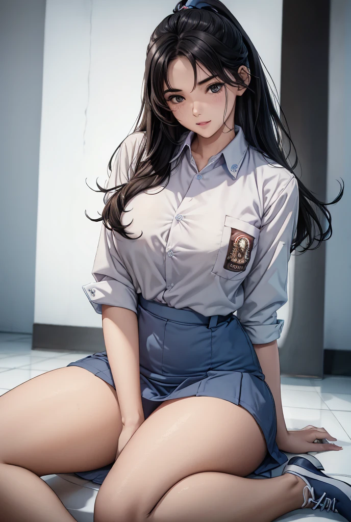 realistic photo. beautiful junior high school girl, wearing a long-sleeved white uniform, blue skirt. long black hair in a ponytail at the back. sitting on the lap of an old priest. the priest's hand reaches into the skirt and holds the girl's vagina from behind. morning sky, high realism, high detail, 4K, HDR, true proportions, ultra high definition, real people, facing the camera, ninja shoes.
