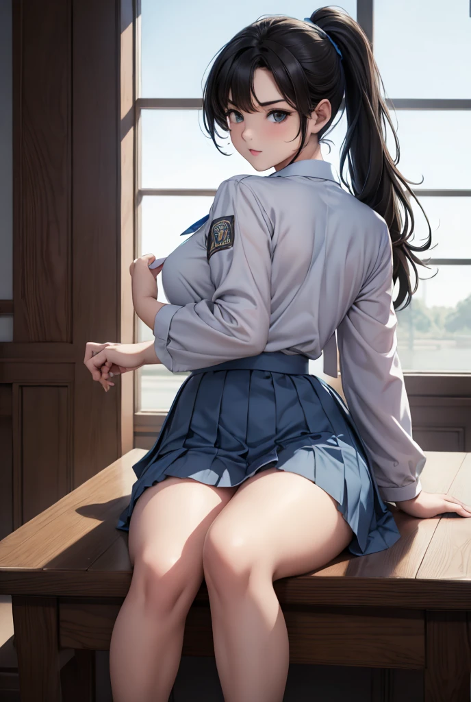 realistic photo. beautiful junior high school girl, wearing a long-sleeved white uniform, blue skirt. long black hair in a ponytail at the back. sitting on the lap of an old priest. the priest's hand reaches into the skirt and holds the girl's vagina from behind. morning sky, high realism, high detail, 4K, HDR, true proportions, ultra high definition, real people, facing the camera, ninja shoes.
