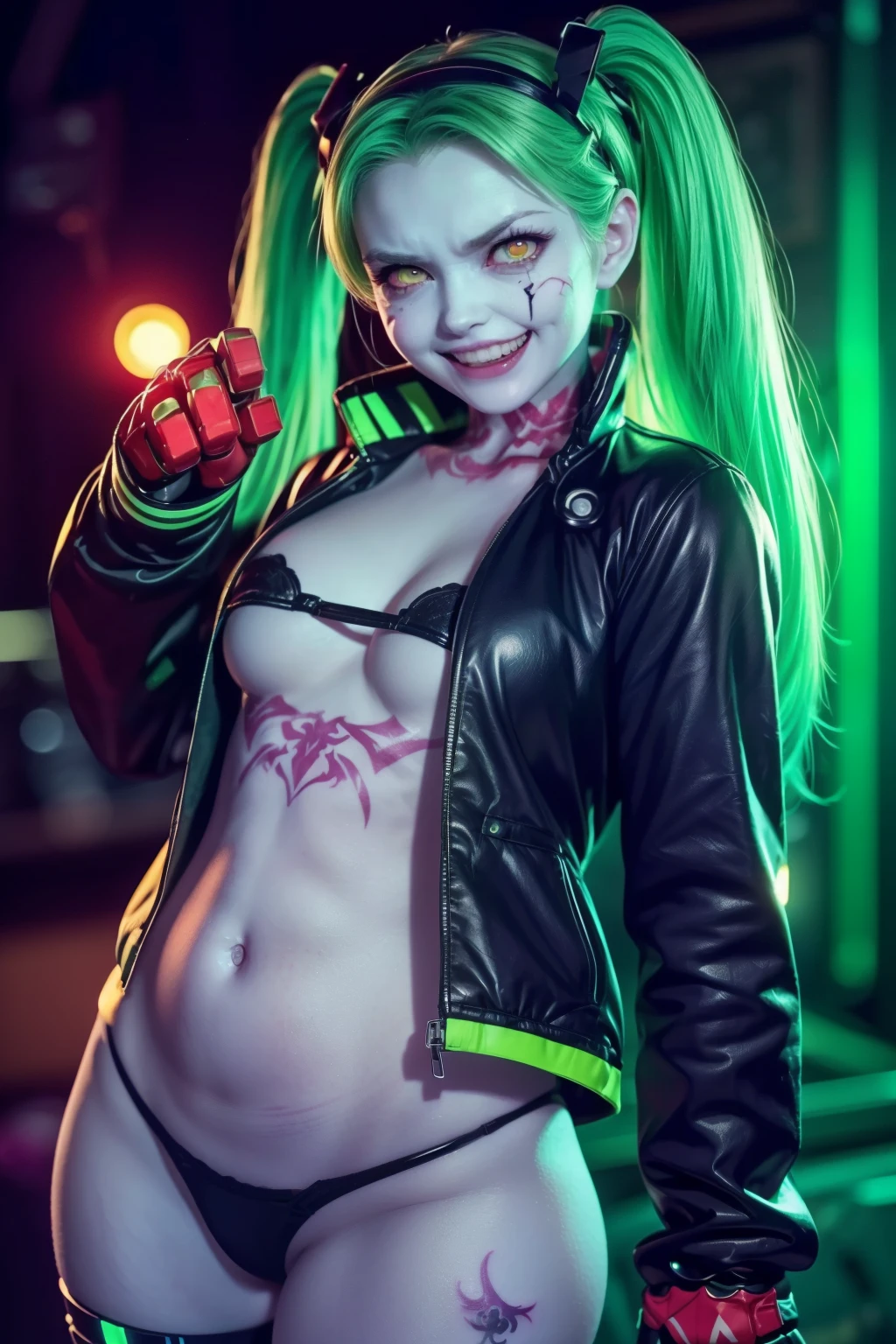 Rebecca, 1girl, young girl, 18 years old , futuristic cyberpunk, lewd grin, (twin tail, hairband, colored sclera, red sclera, green hair, green pupils, fang, red eyes, wearing a little sexy clothes, black croped jacket ), ((skinny body)) , ((psycho face, creppy smiling. Angry face )), cinematic, ultra highly detailed, beautiful details, vivid, saturated colors, filigree detailed, tiny details, pop surrealism, cowboy shot. hyper-realistic style, highly detailed textures, reflective and glossy surfaces, cinematic lighting, neon lights reflecting off her skin, urban cyberpunk cityscape in the background, (vivid colors), (high contrast), (sharp focus), (bokeh effect in the background), (moody atmosphere), (digital painting style), (masterpiece: 2), best quality, ultra highres, original, extremely detailed, perfect lighting. ((Abandoned urban wall background )) 