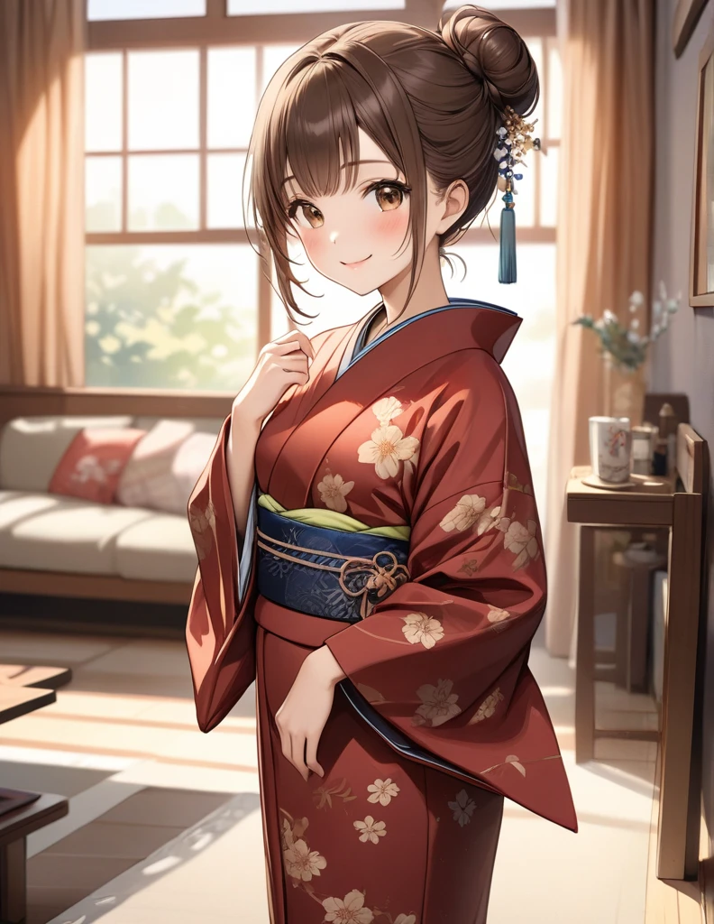 (masterpiece),(Best Quality),( very detailed),( best illustration ),( best shadow ),( Disorganized ),( detailed background),( so beautiful), 
Brown Hair、 Brown Eyes 、kimono,Long-sleeved kimono、 living room、 background blur, whole body、Real Skin,Small breasts、blush、smile、single hair bun, 