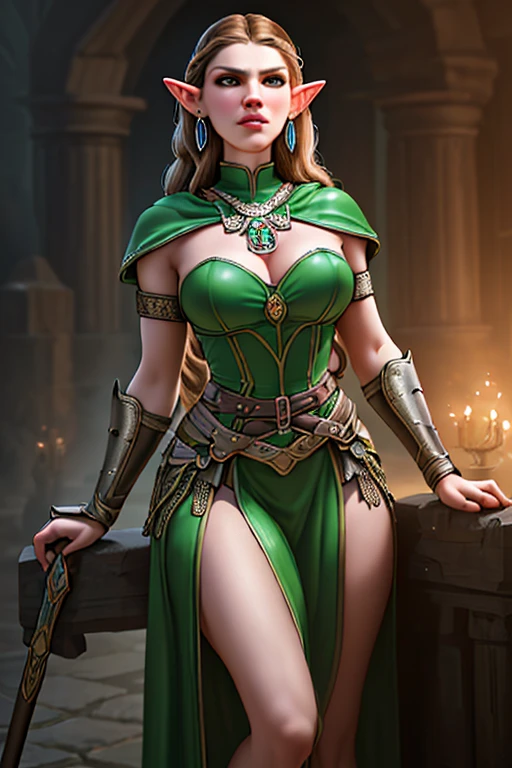 A beautiful elf queen, Alexandra Daddario, long curly brown hair in braids, pointed ears with hoop earrings, emerald green eyes, thin lips, round face, large breasts, hourglass waist, thick thighs, wearing leather strap sandals, wearing silver medieval battle dress, dawn forest scenery, gazing intently at the viewer, (best quality,4k,8k,highres,masterpiece:1.2),ultra-detailed,(realistic,photorealistic,photo-realistic:1.37),extremely detailed face and eyes, detailed facial features,dramatic lighting,volumetric lighting,cinematic composition,fantasy art,highly detailed digital painting,intricate details,vibrant colors,dramatic lighting,cinematic atmosphere