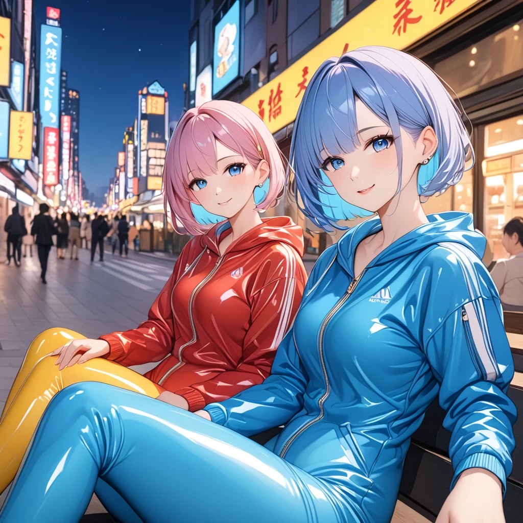 (Multiple girls),(最High image quality, 8k, masterpiece:1.3), (24 years old:1.5), (Grey Hair), ( bob cut ), (Oblique sky blue eyes), (( full body rubber suit 、blue、yellow line、colorful、no zipper 、rubber suit glossy 、Perfect fit、Full body shot、 look at this while sitting、City、Night view)), ([Ultra Clear:1.5), ( Shiny Skin:1.1),(Pale skin:1.1),High image quality、Clear contours