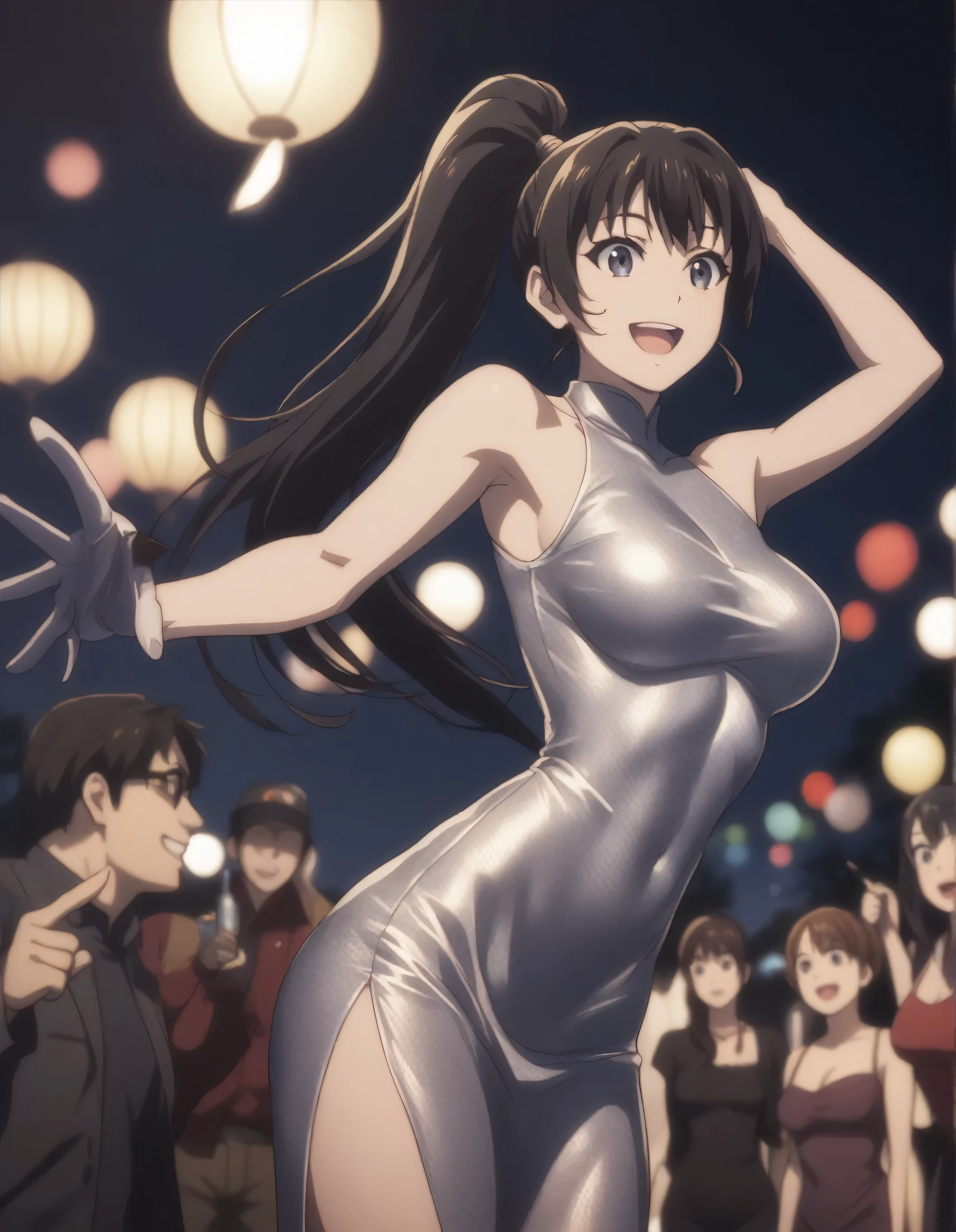 score_9, score_8_up, score_7_up, gsfghtr, long ponytail hair, black hair, bodycon dress, 1girl, sweet smile, open mouth, night, party