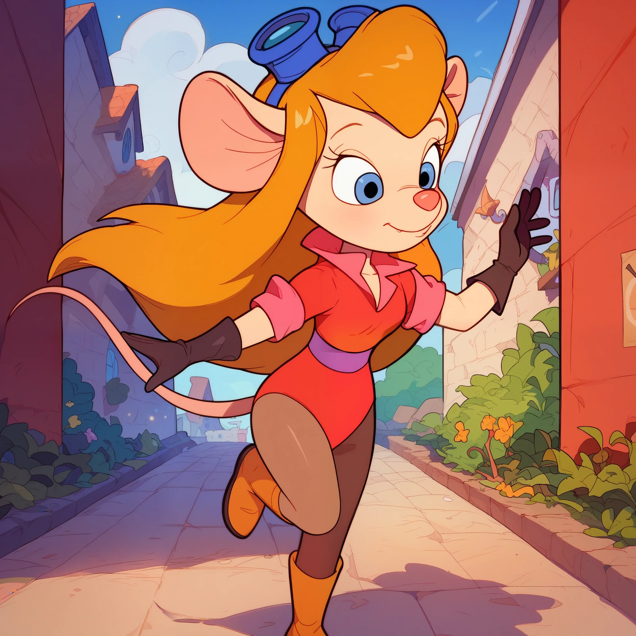 score_9, score_8, score_7, score_6, mouse tail, gadget, cartoon, score_8_up, score_7_up, ,  masterpiece, best quality, 1 woman, solo, (beautiful girl), long hair, mouse tail, lens blur, Gadget, Cartoon, a girl，：0.8）ultra high resolution, Illustration effect for poster or magazine, pastel colors, red long gloves, red swimsuit, black pantyhose, red thigh high boots, best quality, cover，happiness, Pixar style(masterpiece: 1.2) (realist: 1.2) (Bokeh) (better quality) (Delicate skin: 1.3) (intricate details) (8K) (Detailed eyes) (sharp focus), (hapiness的). no human ears, 