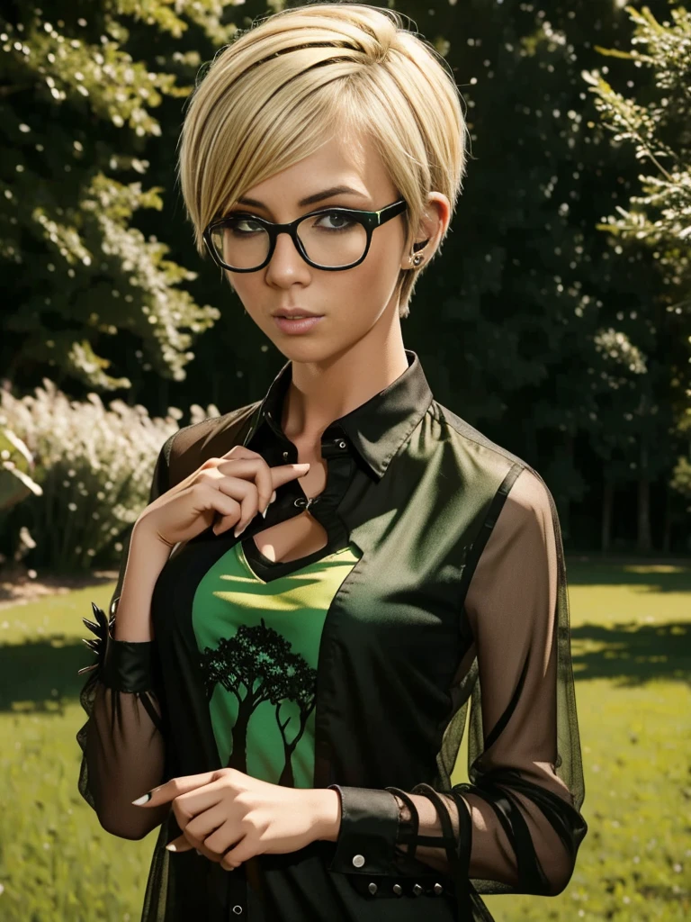 punk girl wearing glasses and a dark shirt, blurred green grass and trees in the background, short blonde hair, detailed face, high quality, high resolution