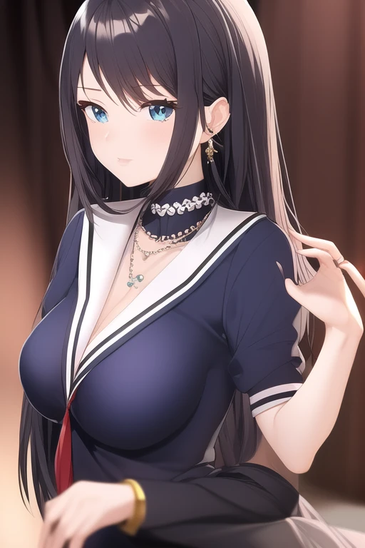 Anime girl serafuku choker earring long dark blue gair very elegant blouse pearl necklace