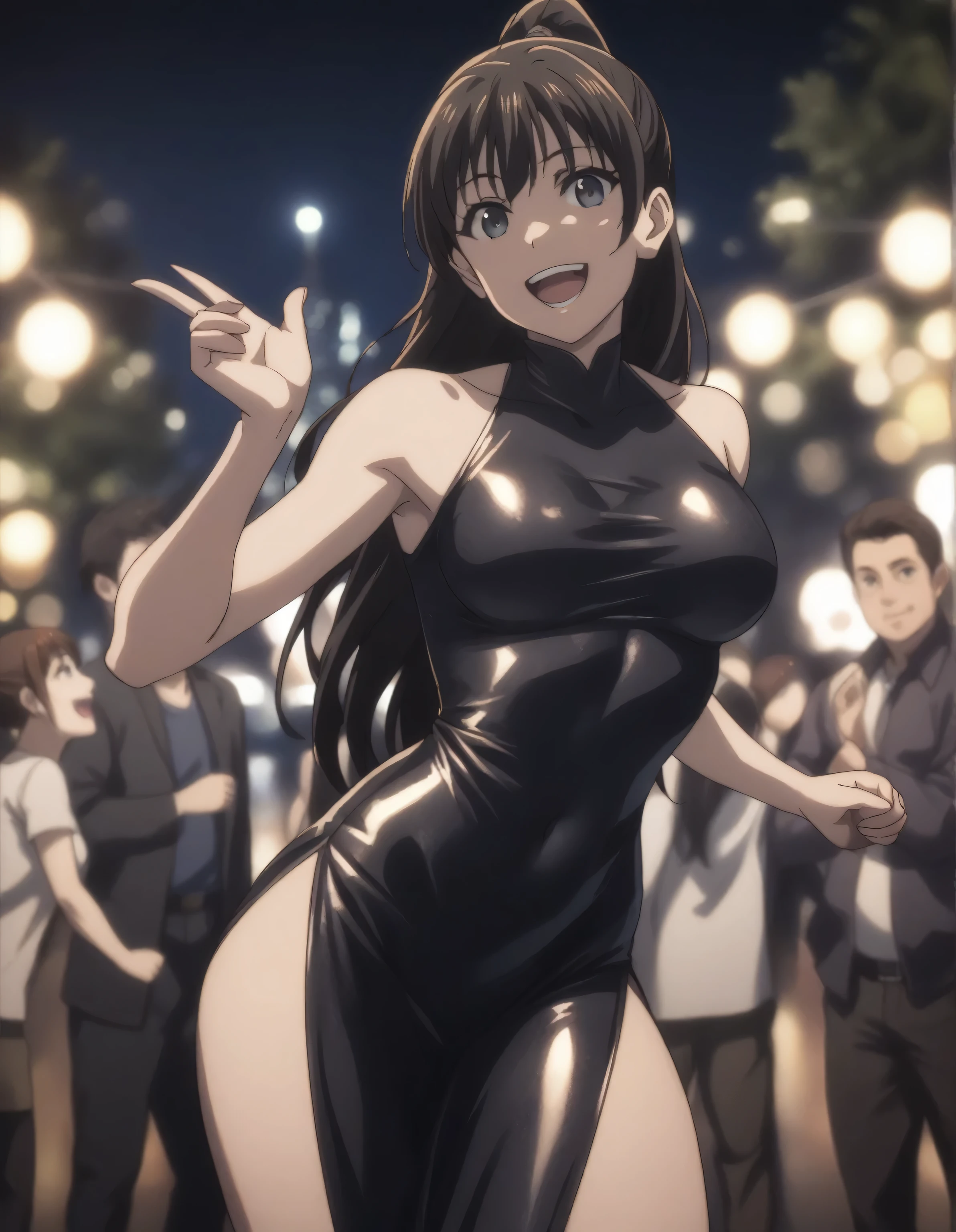 score_9, score_8_up, score_7_up, ((gsfghtr)), long straight hair, black hair, bodycon dress, 1girl, sweet smile, open mouth, standing, night, party