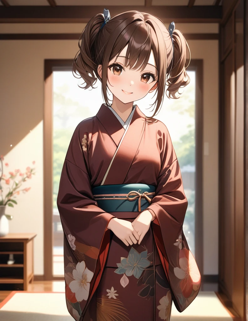 masterpiece, Best Quality,  Beautiful Details,Fine-grained texture, Fine skin,  perfect face,( best shadow ),( Disorganized ),( detailed background),( so beautiful), Brown Hair、 Brown Eyes 、kimono,Long-sleeved kimono、 living room、 background blur, whole body、Real Skin,Small breasts、blush、smile、short twintails,  from the front、 upper body,