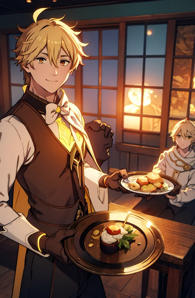 hd images, detailed, csm anime style, aether 1boy male focus blonde hair yellow eyes ahoge hair between eyes,aether \(genshin impact\)
1boy
solo
cape
earrings
jewelry
gloves
midriff,
navel
scarf, smile, hold plate, plate, waiter