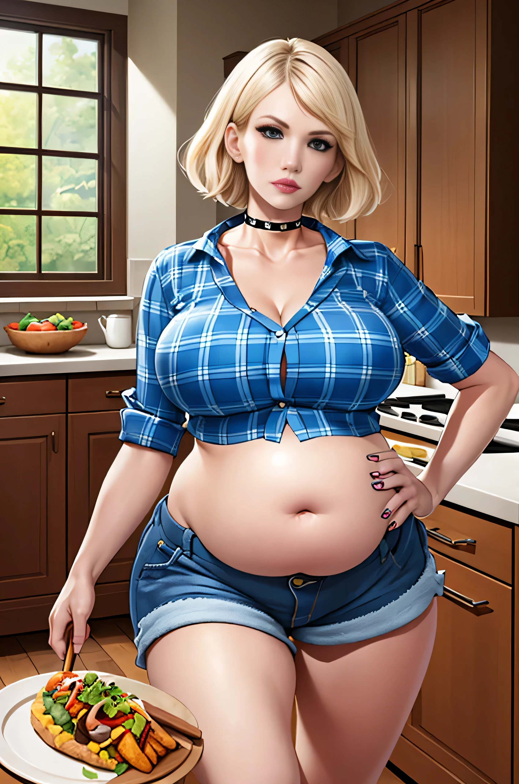 January Jones, (January Jones:1.5), masterpiece quality, (masterpiece quality:1.3), detailed, realistic, (realistic:1.3), 1girl, solo, (solo:1.9), alone, in a country kitchen, lots of food in background, platinum hair, short hair, wearing choker collar, (wearing choker collar:1.5), wearing blue plaid blouse, (blue plaid blouse:1.5), wearing blue jean shorts, (blue jean shorts:1.5), midriff, (midriff:1.5), big breasts, (big breasts:1.2), covered breasts, (covered breasts:1.5), chubby body, chubby belly, (chubby belly:1.2), 