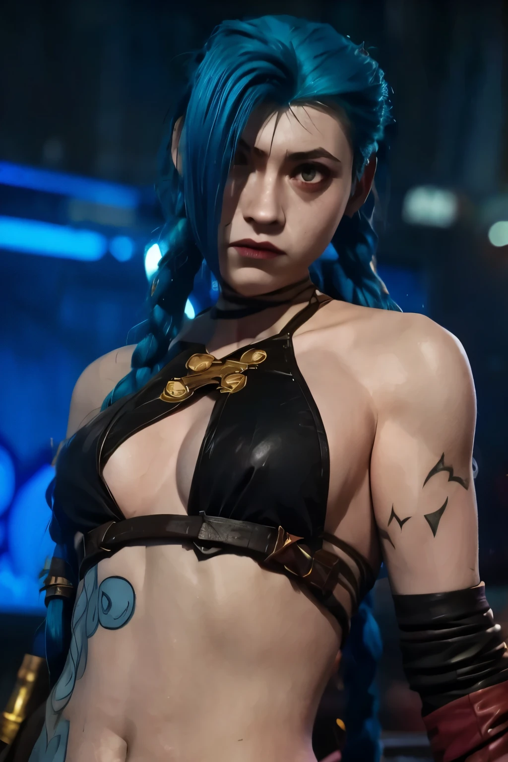 (masterpiece, best quality:1.2), 1girl, solo, Jinx, wearing a Jinx Arcane Costume, tattoo, belly tattoo blue hair with two long twin braids detailed. Neon graffiti Background.