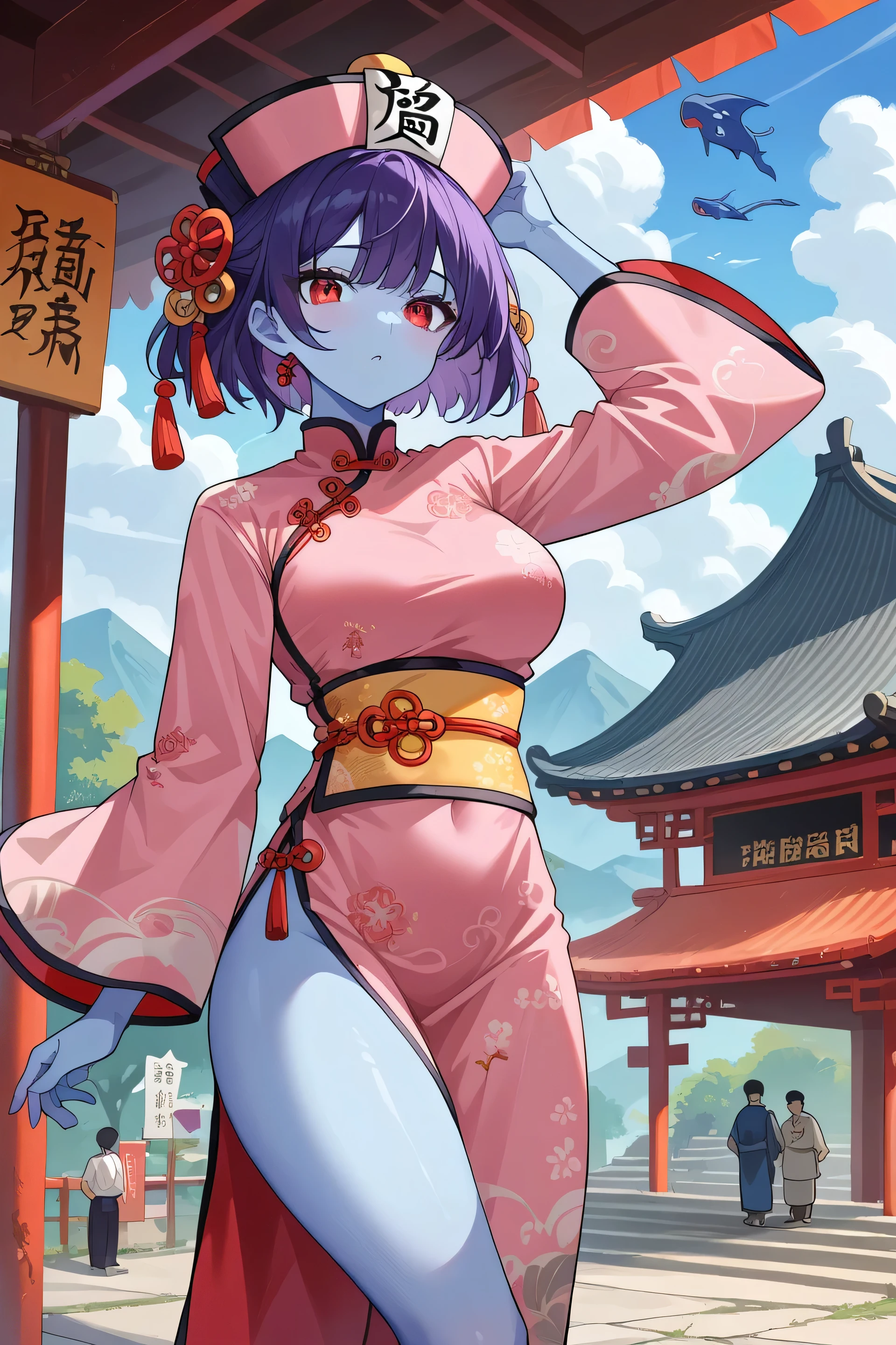 Straight,Pose, ,Alone, break,
Game_Ray_Ray_My wife, www.My wife.with,
Ray Ray, Color skin,  short hair, Blue Skin, breast,  upside down hair , large breast, red eyes, Purple Hair,  Hair Between Your Eyes, ,
Have,  jiangshi, Chinese clothing,  clevis cutout, bill,  clevis,  stickers, pants, pink headwear ,  dress,  year old zombie,  long sleeve, sash,  wide sleeve, pink  dress, The sleeve goes past the wrist, china  dress, yellow sash,
break, Official Art,  high definition, scenery, (masterpiece:1.1), (最 high quality,:1.1), ( high quality:1.1), ( anime screen capture:1.2),