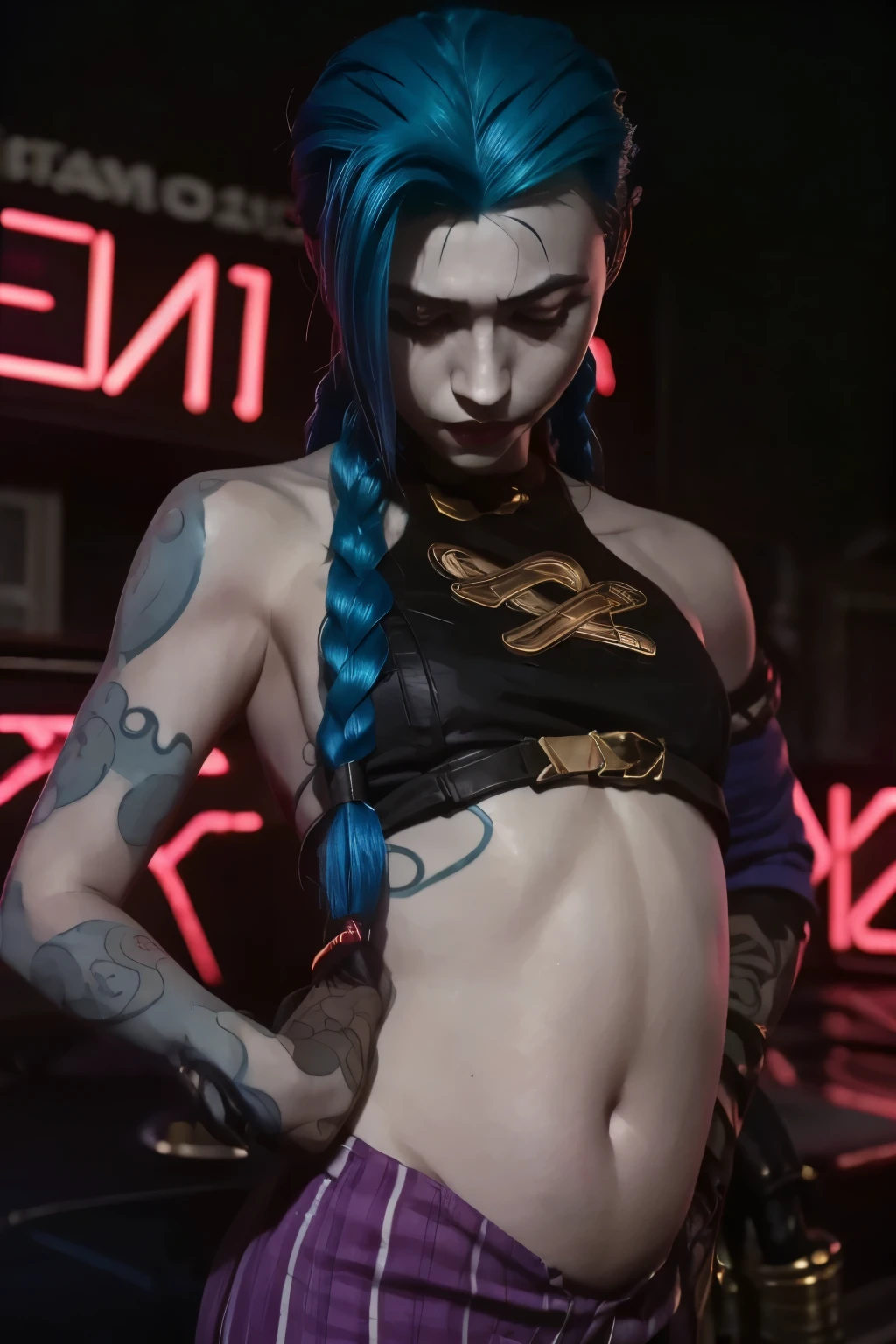 (masterpiece, best quality:1.2), 1girl, solo, Jinx, wearing a Jinx Arcane Costume, tattoo, belly tattoo blue hair with two long twin braids detailed. Neon graffiti Background.