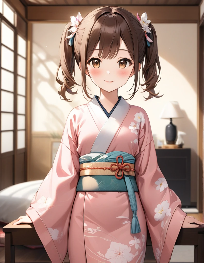 masterpiece, Best Quality,  Beautiful Details,Fine-grained texture, Fine skin,  perfect face,( best shadow ),( Disorganized ),( detailed background),( so beautiful), Brown Hair、 Brown Eyes 、kimono,Long-sleeved kimono、 living room、 background blur, whole body、Real Skin,Small breasts、blush、smile、short twintails,  from the front、 upper body,　Open your arms、