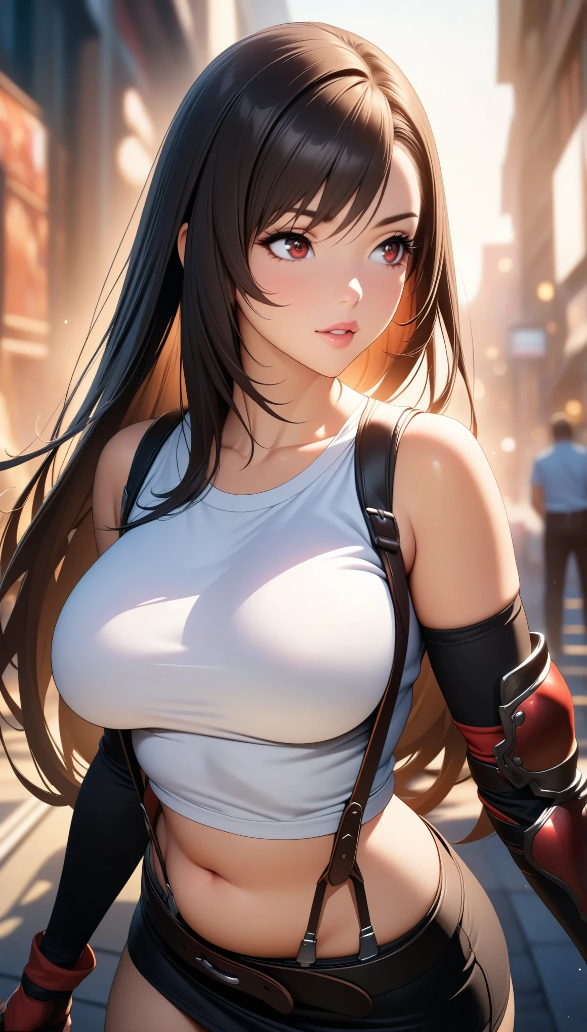 , full body, (masterpiece), (best quality), ultra high res, ultra detailed, detailed eyes, intricate,  1girl, looking at viewer, bbyorf, short hair with long locks, gold hairband, red eyes, gold earrings, large breasts,  black shirt, white tank top, blouse, cleavage, collarbone, denim, denim shorts, jacket, long sleeves, ((open clothes)), open jacket, partially unzipped, blue jacket, shirt, short shorts, shorts, tank top, track jacket, unzipped, ((large breasts, big hips, tight clothes, cleavage, looking at the viewer)), (abs:0.8), BLUSHED, UNDERBOOB (realistic:1.2), (realism), (masterpiece:1.2), (best quality), (ultra detailed), (8k, 4k, intricate),(85mm),light particles, lighting, (highly detailed:1.2),(detailed face:1.2), (gradients), colorful,(detailed eyes:1.2),(detailed background),detailed landscape, (dynamic angle:1.2), (rule of third_composition:1.3), (Line of action:1.2)