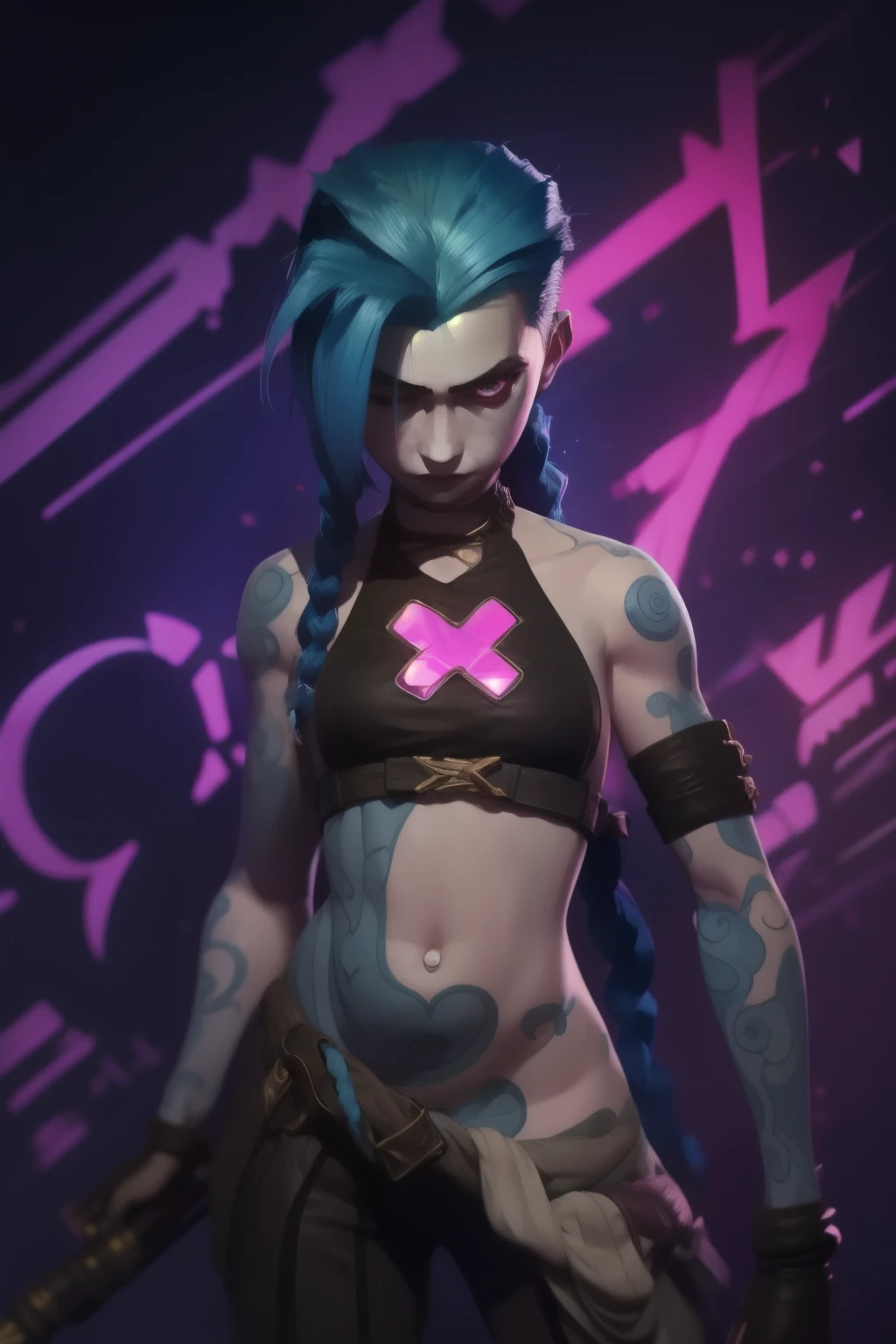 (masterpiece, best quality:1.2), 1girl, solo, Jinx, wearing a Jinx Arcane Costume, tattoo, belly tattoo blue hair with two long twin braids detailed. Neon graffiti Background.