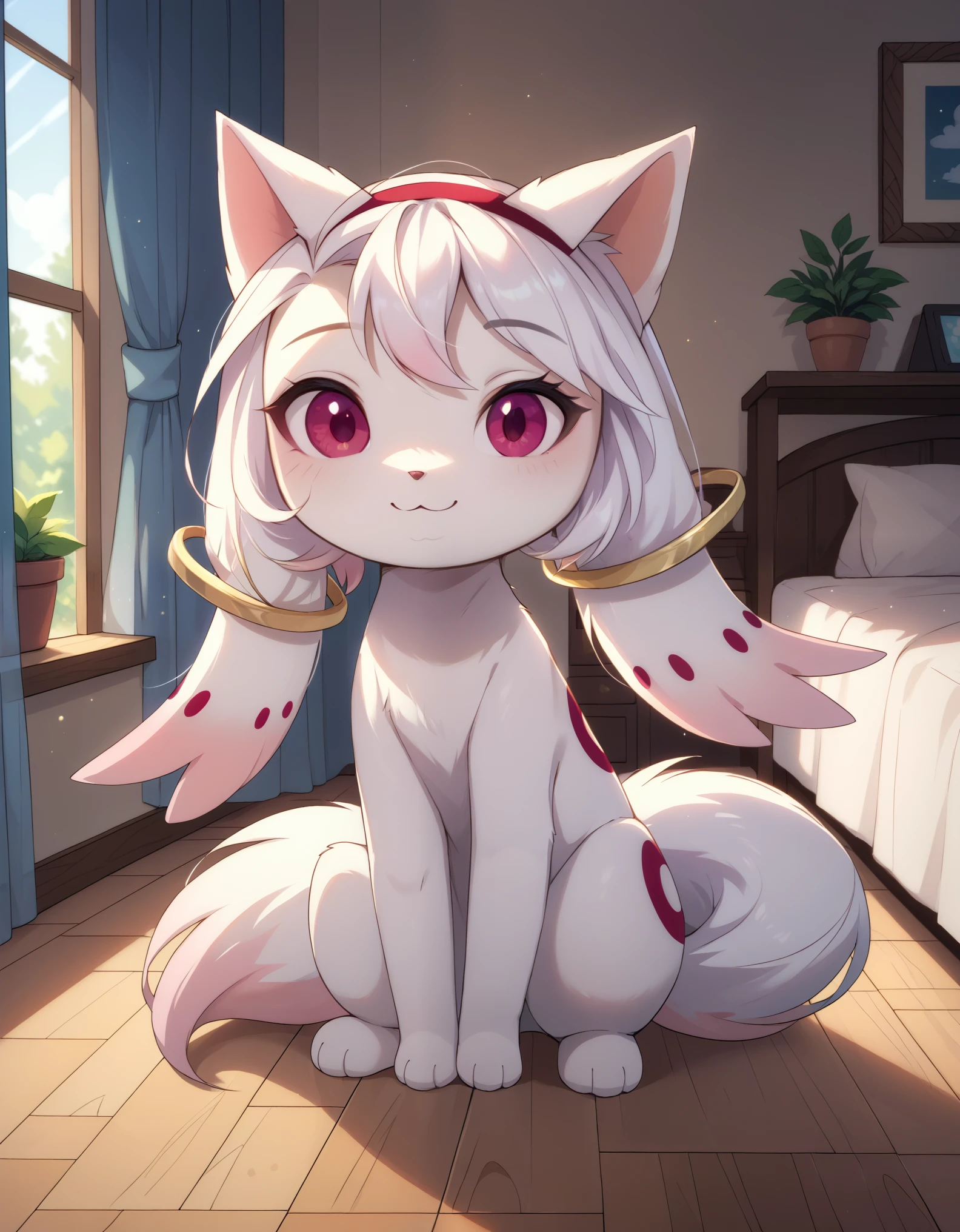 magnaluna, score_9, score_8_up, score_7_up, (Kyubey:1.3), light smile, full body, cozy room, cute, solo