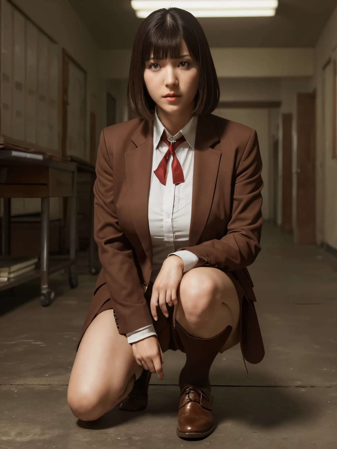 (highest quality:1.2, masterpiece:1.2), 8K, Professional Lighting, Cinematic Lighting, ultra realistic & detailed portrait of Kurihara Chiyo (Prison School), (dark brown hair, bangs, bob short), ((ribbon on neck, collar formal shirt, brown jacket, brown blazer, check knee high sock, shoes)), (detailed eyes, perfect eyes, fine eyes, clear eyes), ((ultra realistic interior of narrow & abandoned school, ultra detailed interior of school, dark atmosphere)), (ultra huge breasts, ultra huge cleavages, ultra huge tits, ultra huge boob), standing, (looking at viewer), cowboy shot, zoom up angle, close up angle, half-smile, sweet smile, 