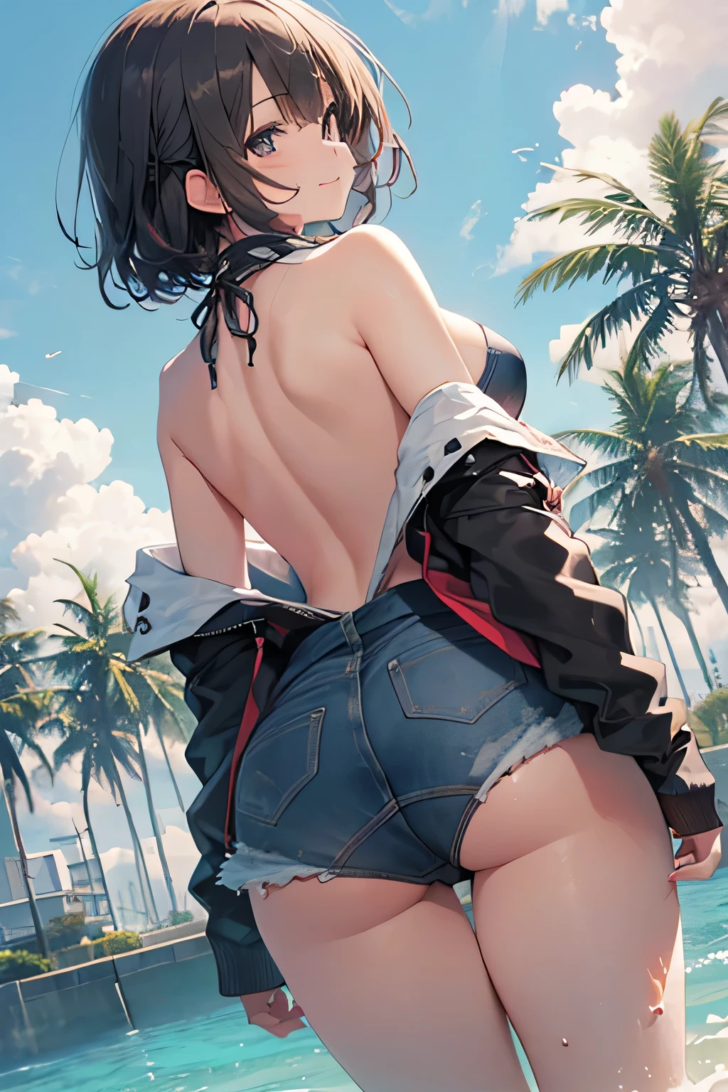 (((Perfect photo))),  one girl playing pranks, alone, , Azusa Nakano, ,  jacket,  Watch Viewers , smile、((Wet between legs )), SFW with hidden breasts,  Big Rich Breasts !, SFW Big,   Beautiful and Seductive Anime Women  ,  Big Rich Breasts !!, Bust ratio adopted, Best Quality, Official Art,  best anatomy , (( bust proportions that hide the chest ,:1.5))、  growing skin  、 cowboy shot, (Extreme close-up from below)、(((From below、 between legs,Ultra focus the head, chest, and legs in the center of the screen:1.8)))、 ultra cross body paint 、(((Lie on your back in the water)))