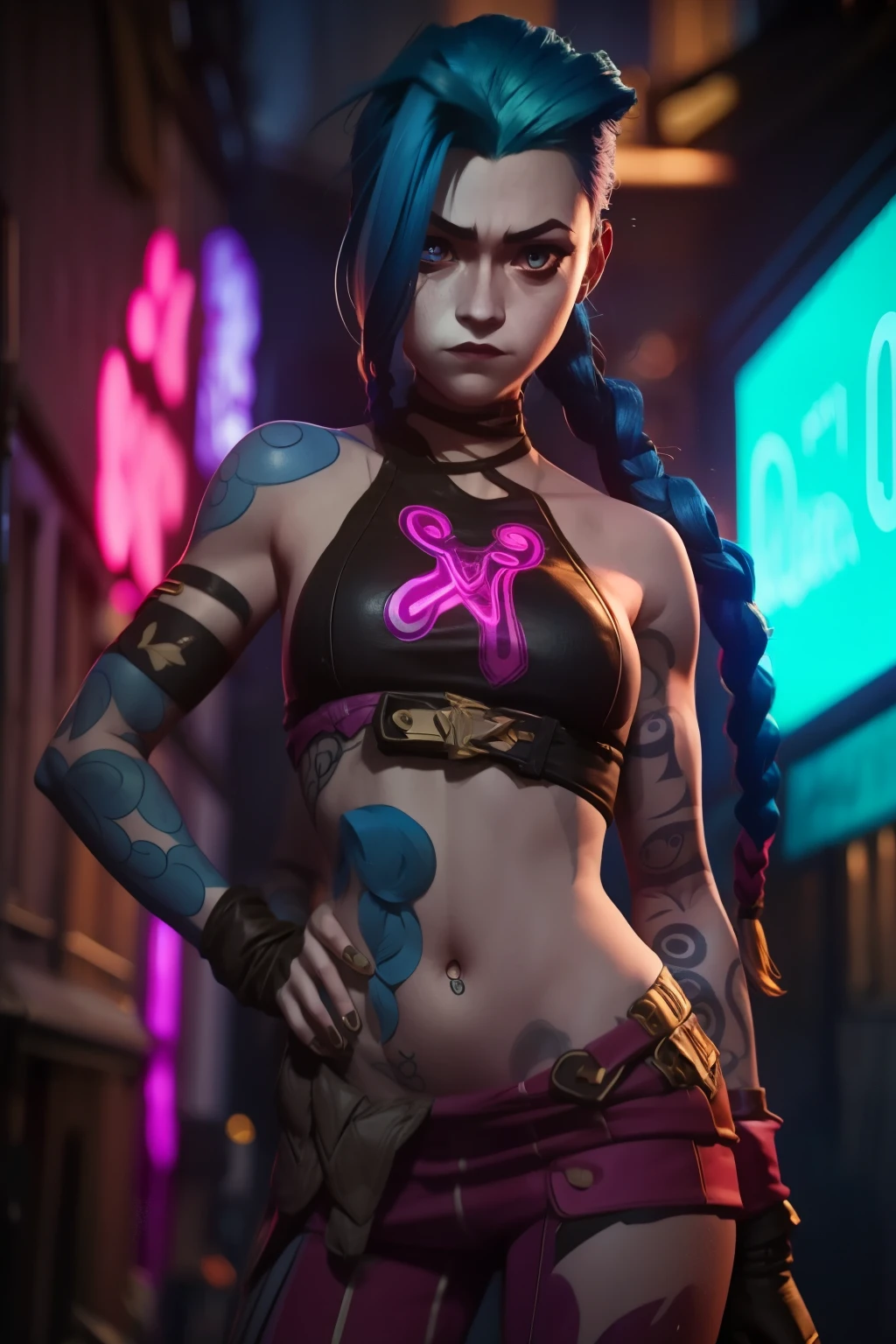 (masterpiece, best quality:1.2), 1girl, solo, Jinx, wearing a Jinx Arcane Costume, tattoo, belly tattoo blue hair with two long twin braids detailed. Neon graffiti Background.